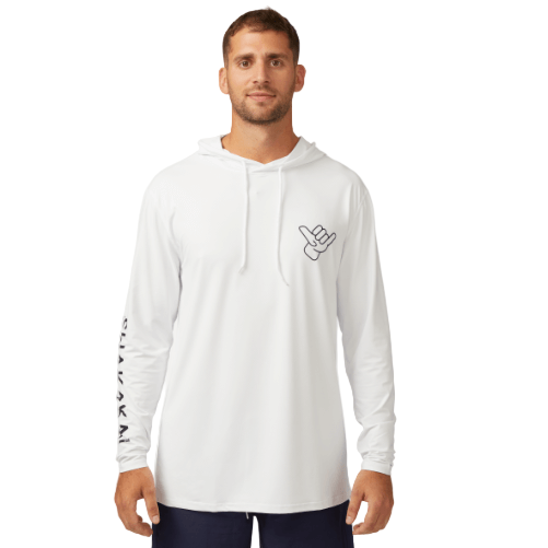 A white or blue long sleeve hooded performance shirt with UPF 50 sun protection, featuring text and a graphic on the front.