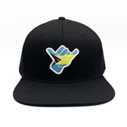 Black cap with a colorful Shaka bahamas themed logo on a white background