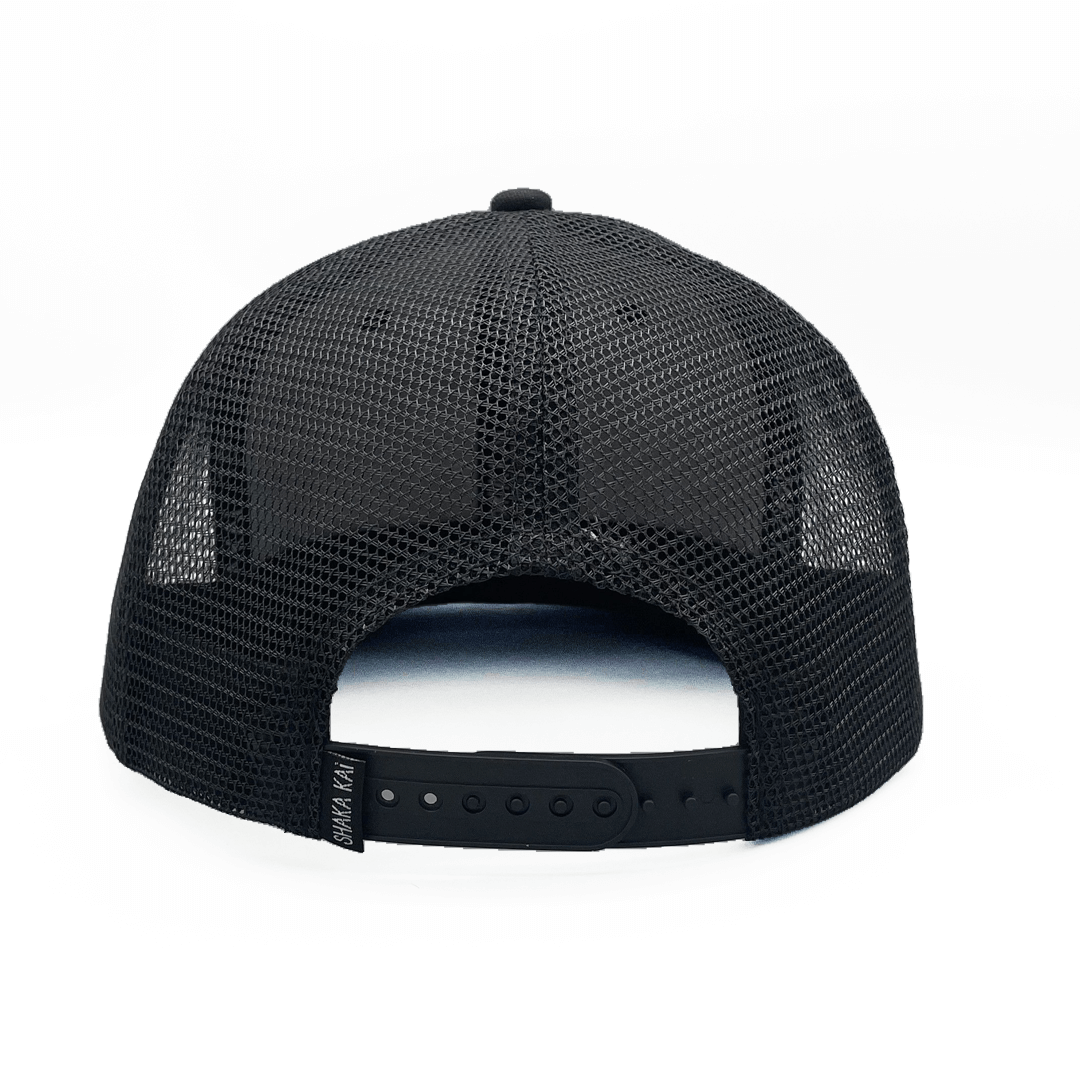 Black mesh trucker cap on a white background