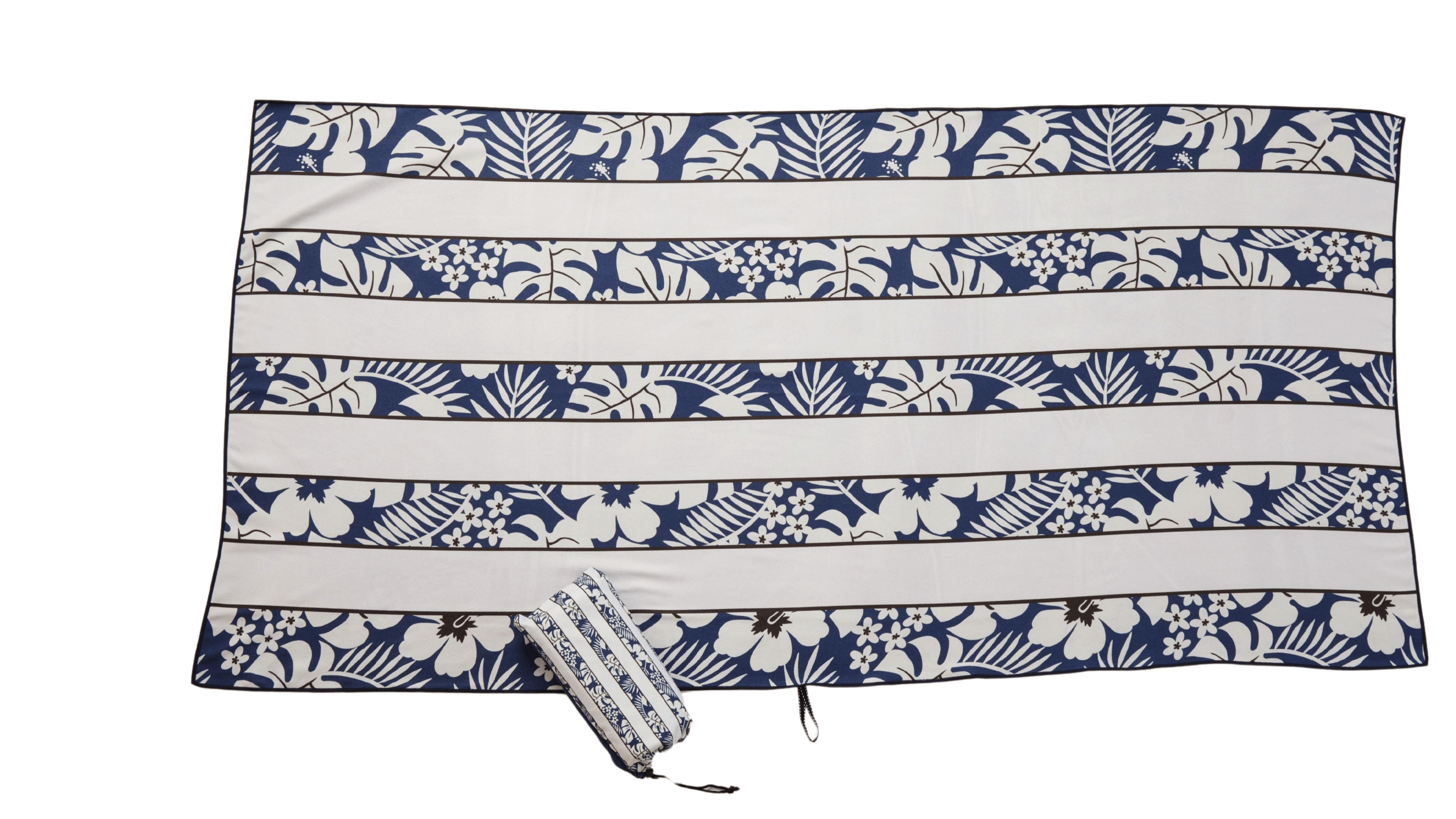 Blue and white striped patterned microfiber towel in the foreground on a white background