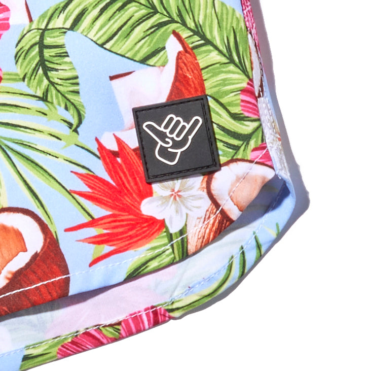 Coco Loco Volley Short stylish tropical print with logo patch for sun and surf activities