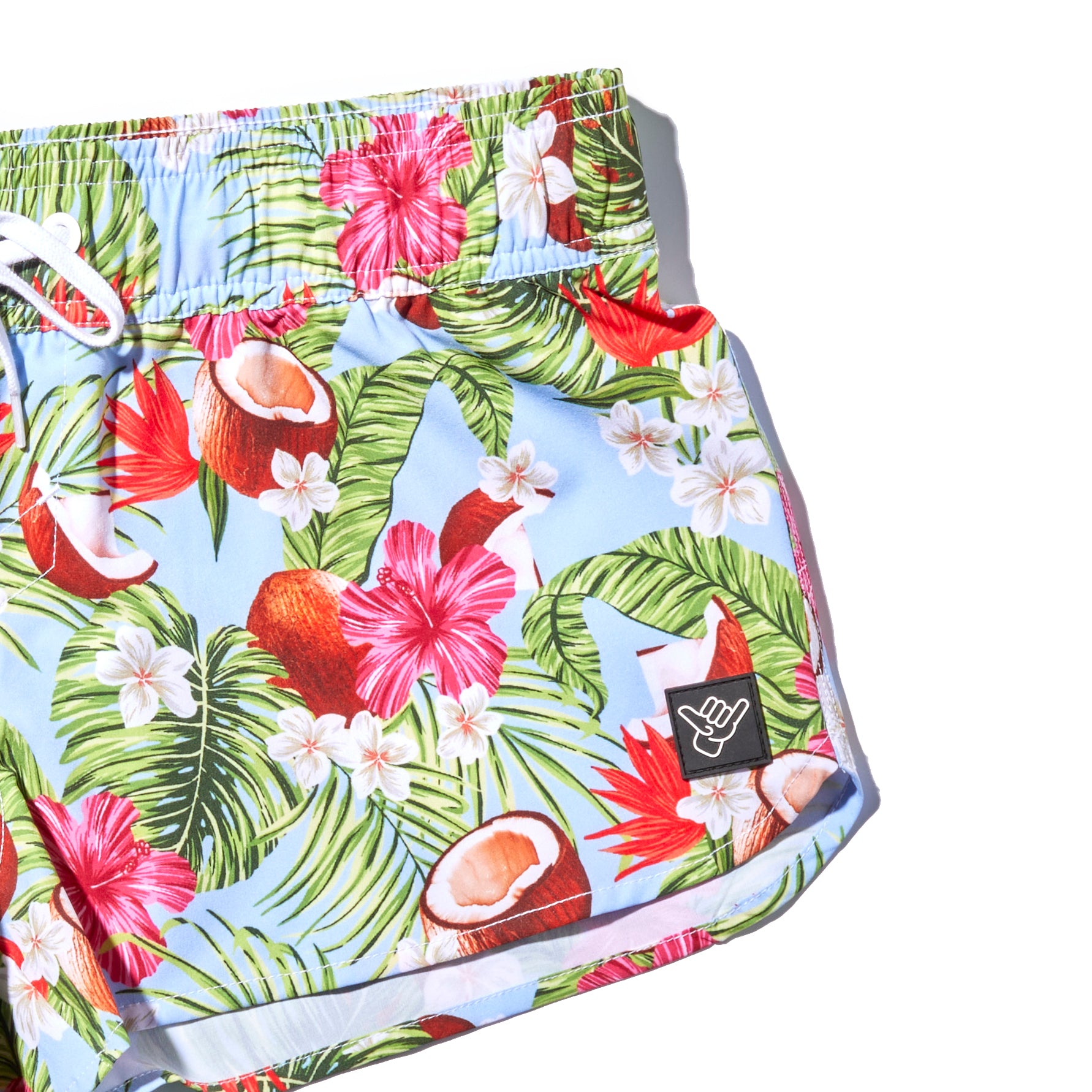 Coco Loco Volley Short featuring vibrant floral and coconut print with a relaxed fit and 4-way stretch fabric.