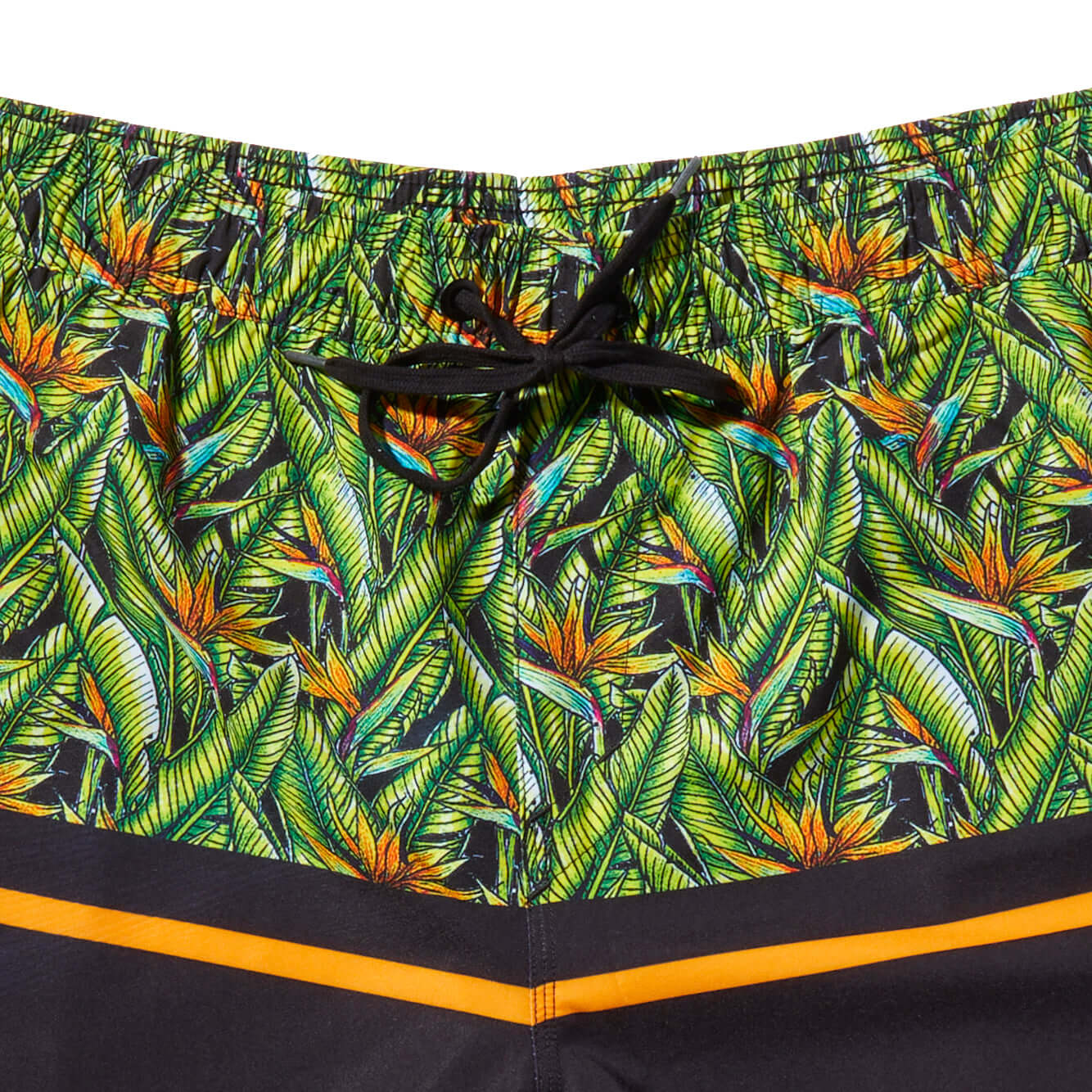Close-up of the vibrant floral pattern on the DaveL Manu Volley Short elastic waistband.