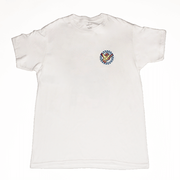 White t-shirt with a colorful shaka graphic on a white background