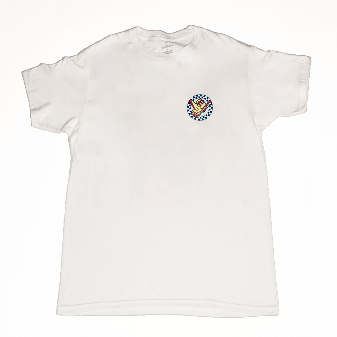 White t-shirt with a colorful shaka graphic on a white background