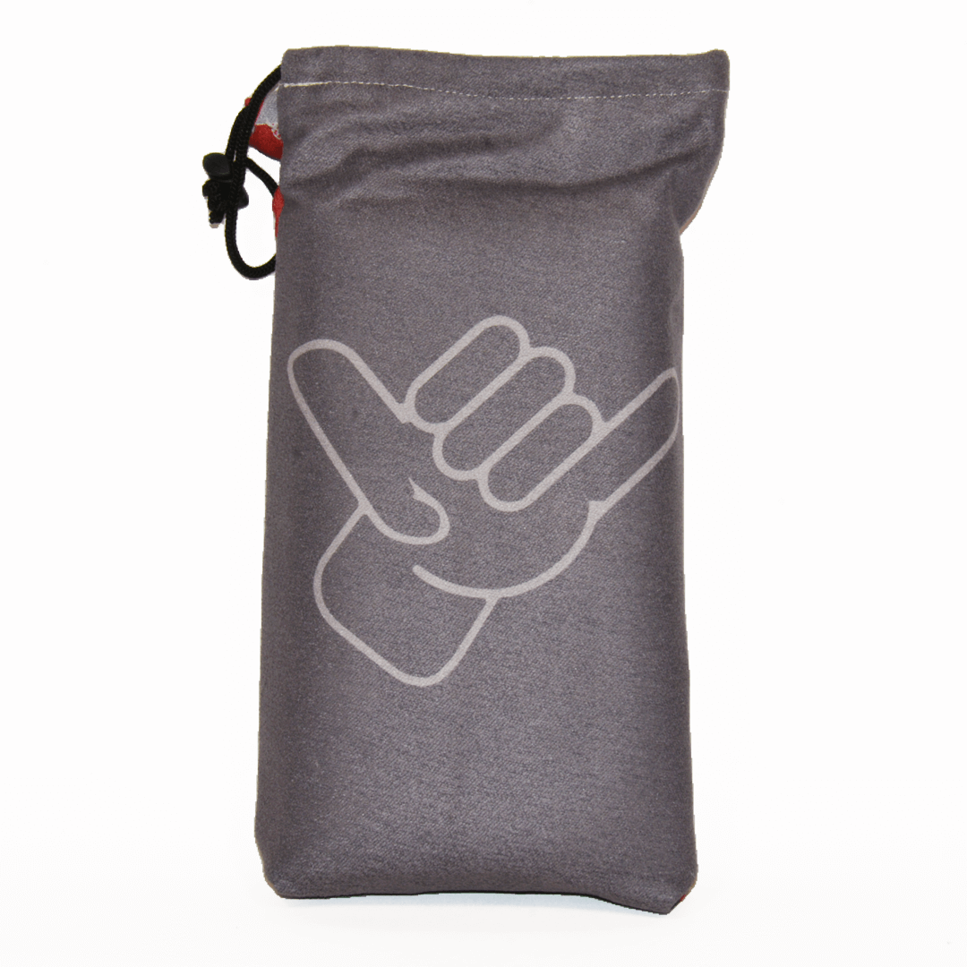 Gray drawstring pouch with a white shaka hand sign on a white background