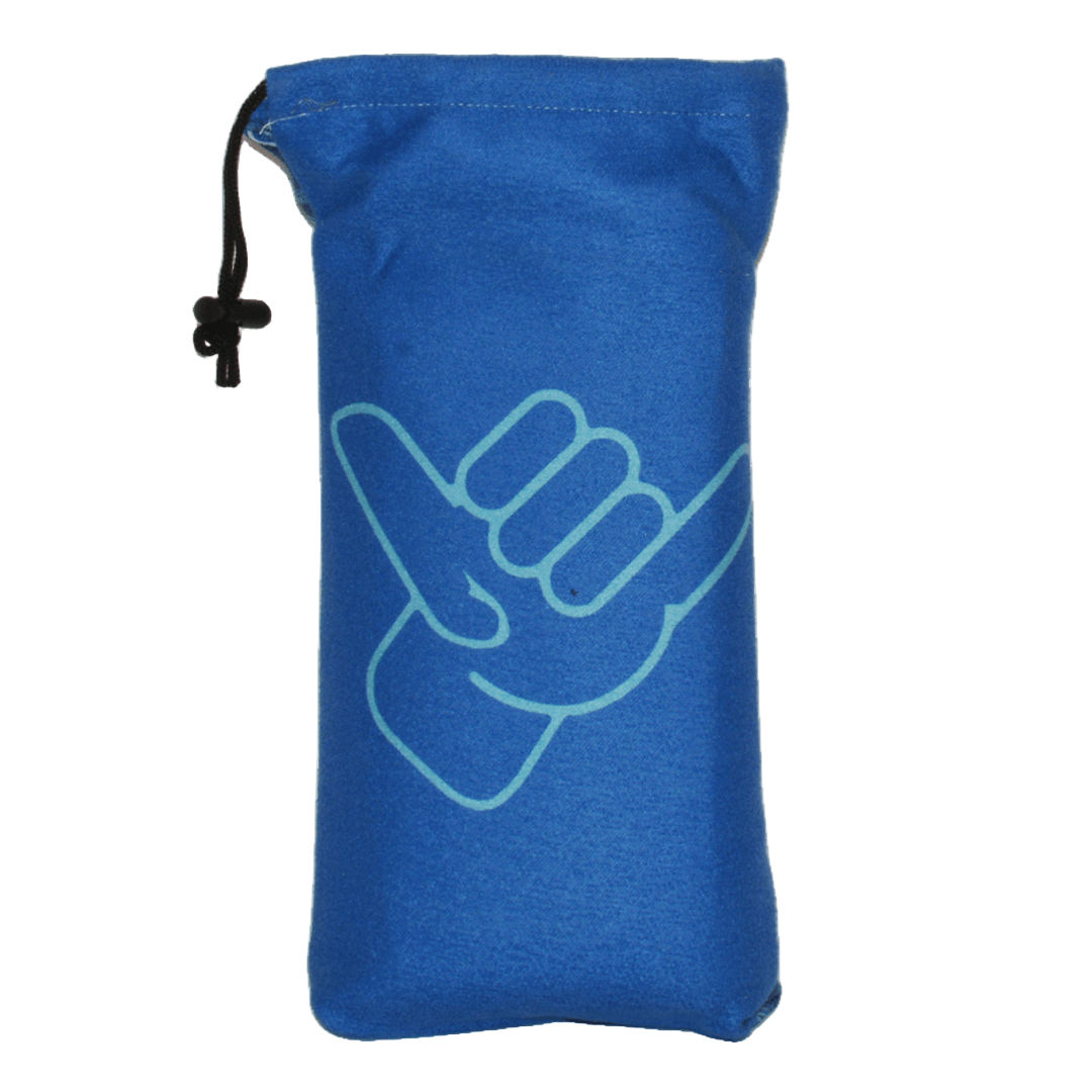 Blue drawstring bag with a white hand symbol on a white background