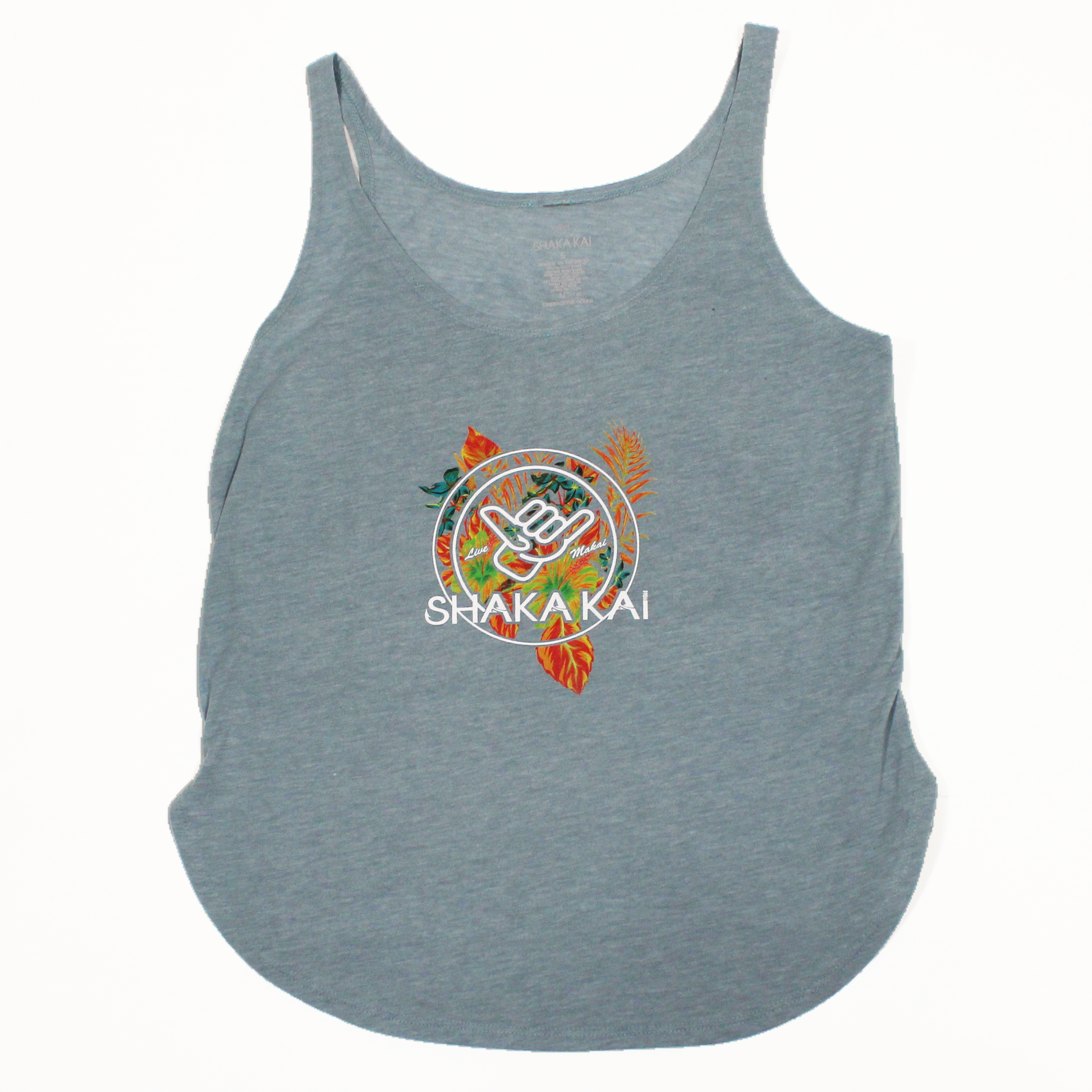 Gray tank top with Shakakai logo with floral and leaves and colorful design on a white background