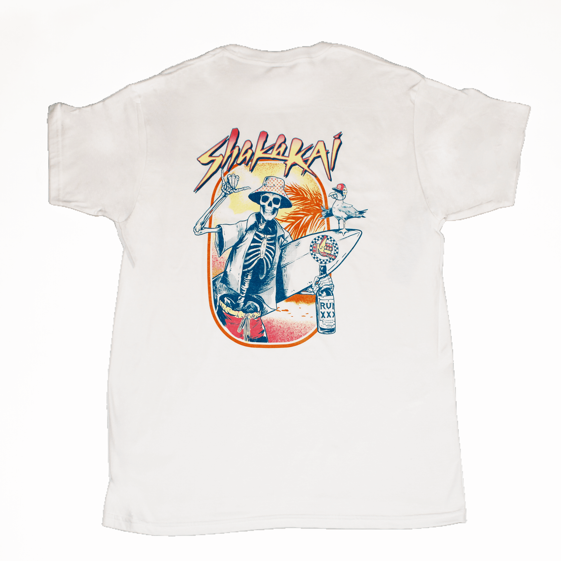 White t-shirt with a colorful graphic design featuring a skeleton surfer  branding.