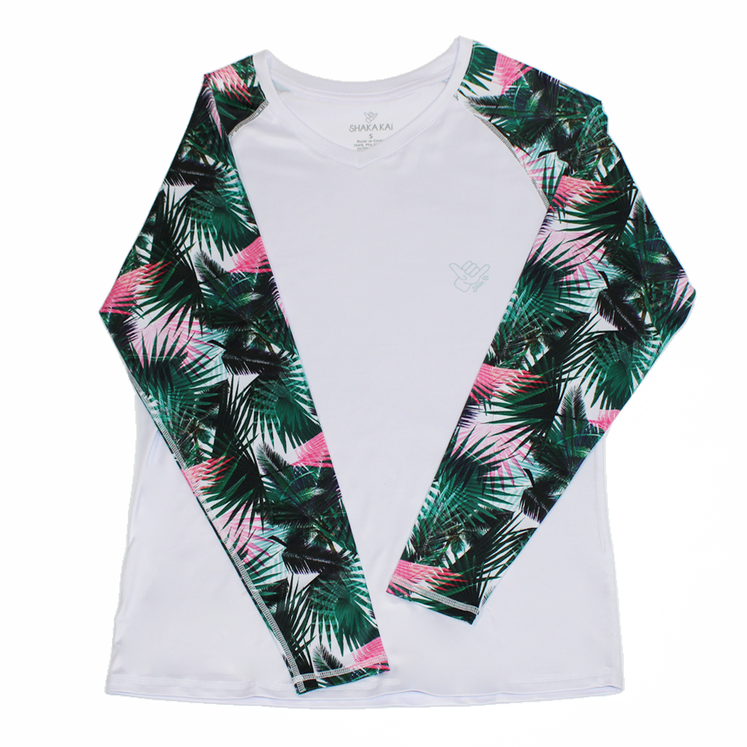 Palms LS V Neck Performance Shirt UPF 50 - long sleeve shirt with tropical print sleeves and sun protection features.