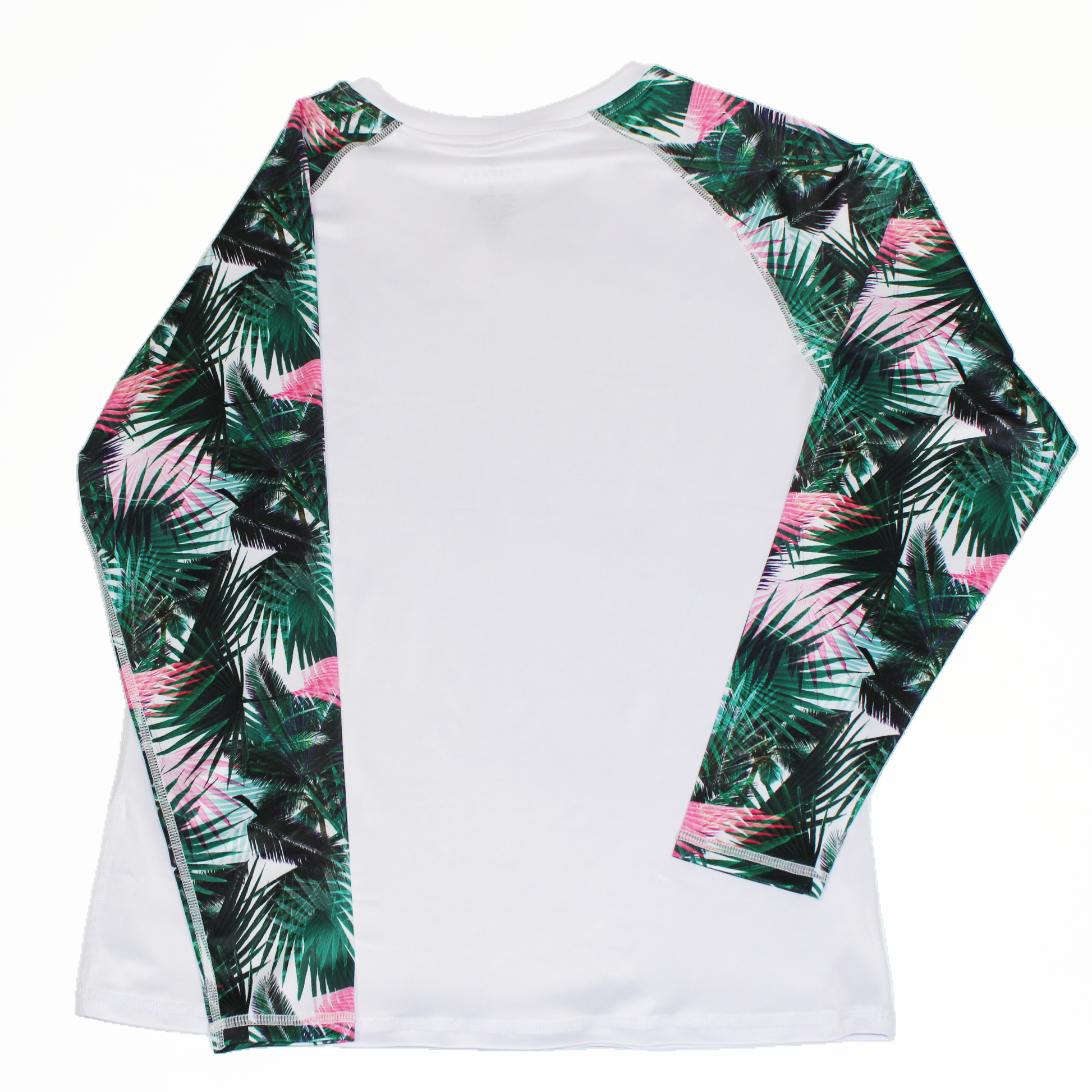 Palms LS V Neck Performance Shirt UPF 50 back view with tropical palm print sleeves and lightweight fabric.