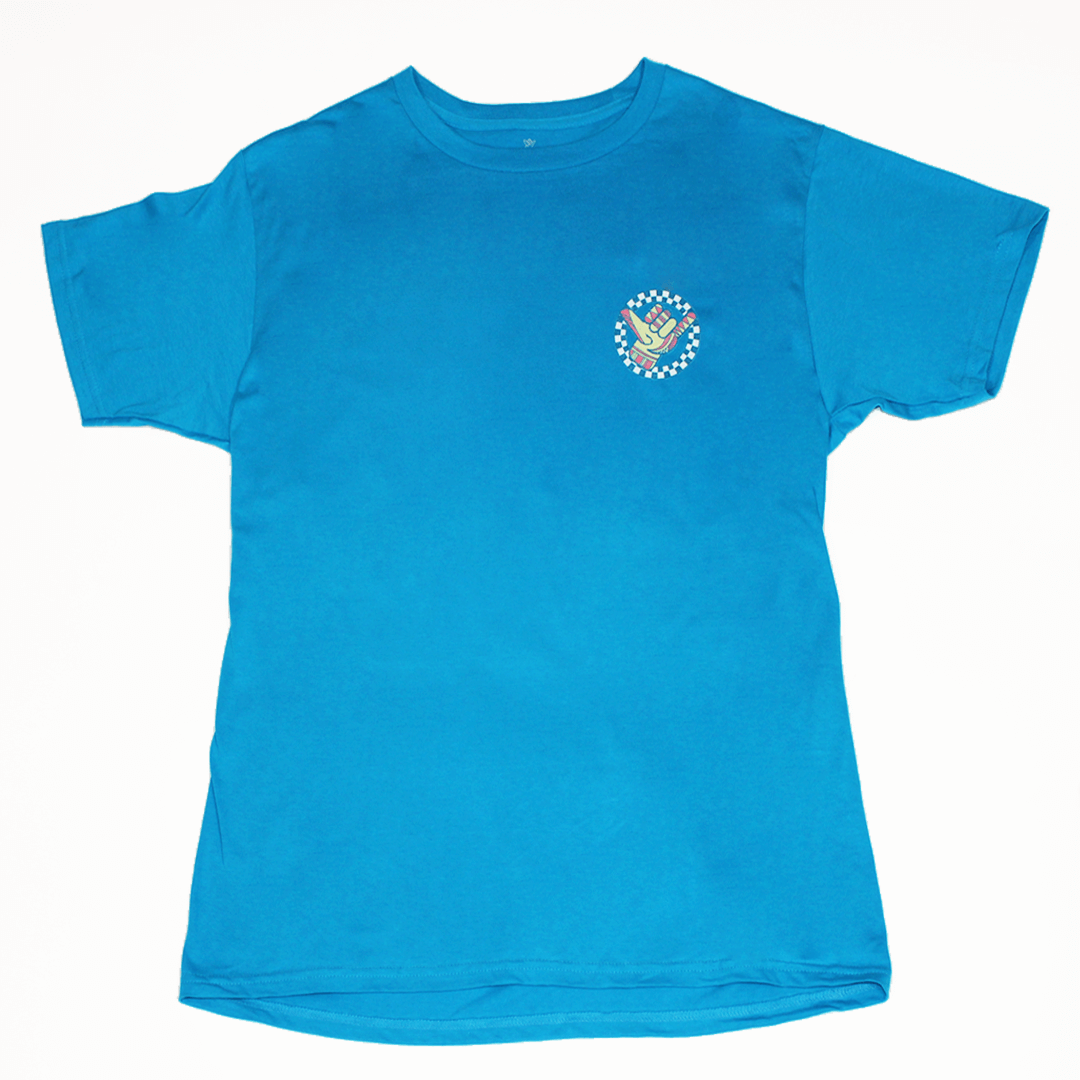 Blue t-shirt with a small shaka emblem on the chest against a white background