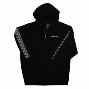 Niho Zip Hoodie featuring a black design with geometric patterns and a zip closure for comfort and style.