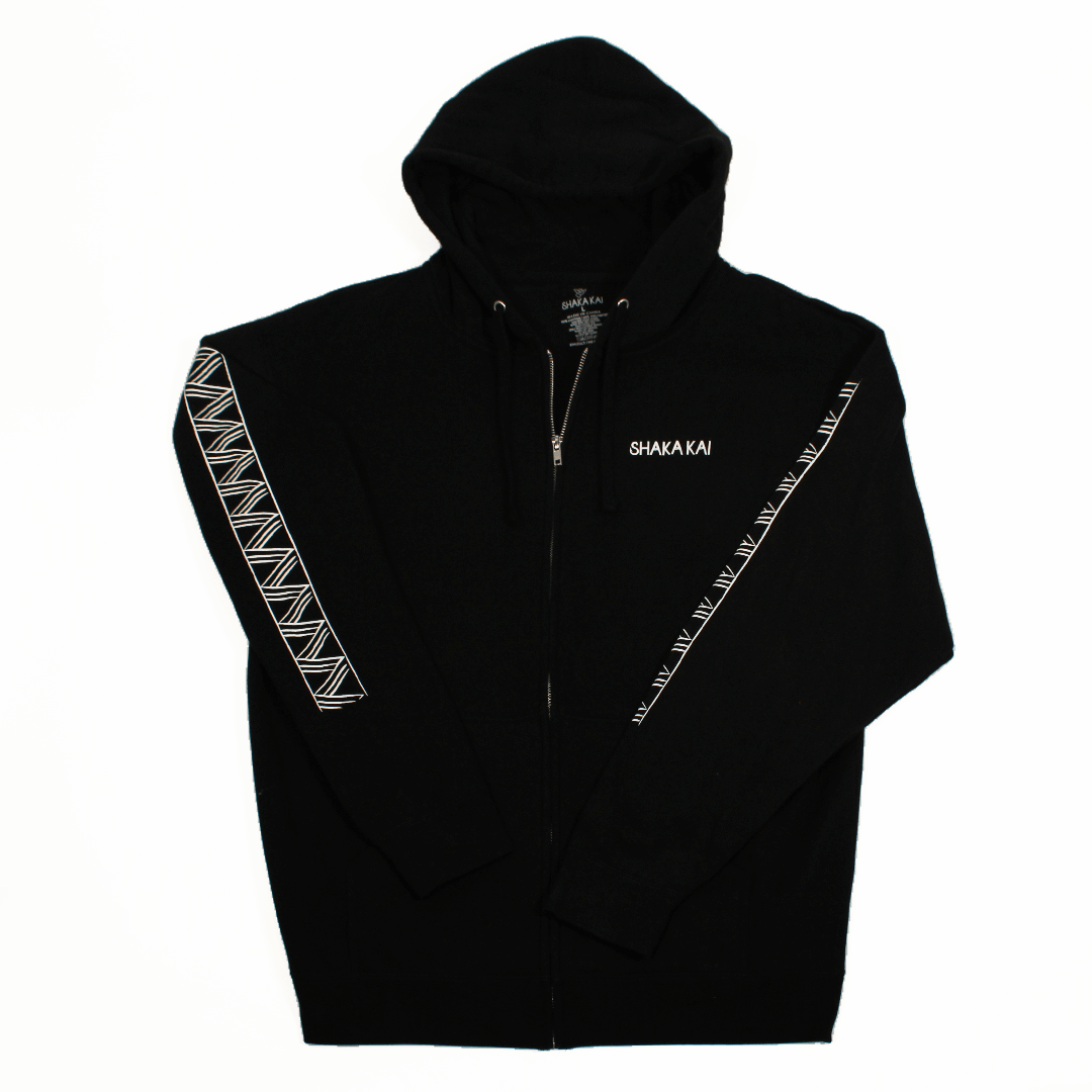 Niho Zip Hoodie featuring a black design with geometric patterns and a zip closure for comfort and style.