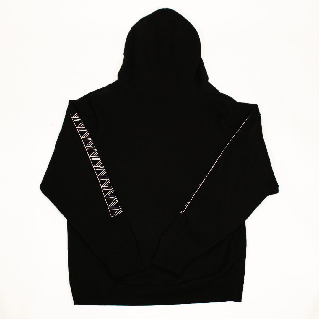 BACK VIEW of the Niho Zip Hoodie showcasing its sleek design and artistic sleeve detailing.