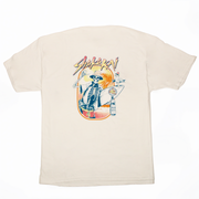 Back view of Drinking in Paradise T-Shirt featuring vibrant Shaka Kai artwork with a skeleton and surfboard.