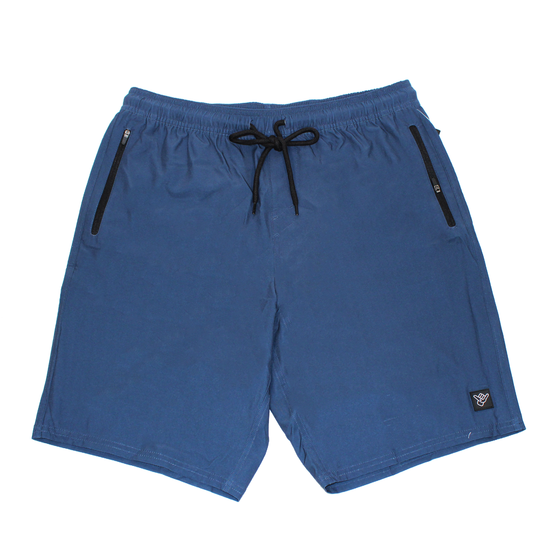 Solid State Volley Short 20" in blue with black zipper pockets and elastic waistband for active wear.