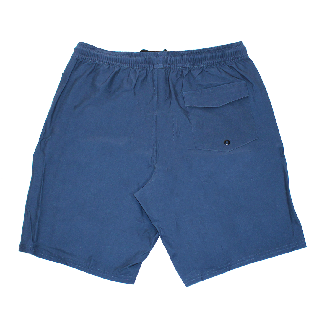 Solid State Volley Short 20" in blue, featuring comfortable elastic waistband and pocket on the back.