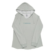 Menehune Hoodie in light gray with blue logo, perfect for coastal comfort and casual style.