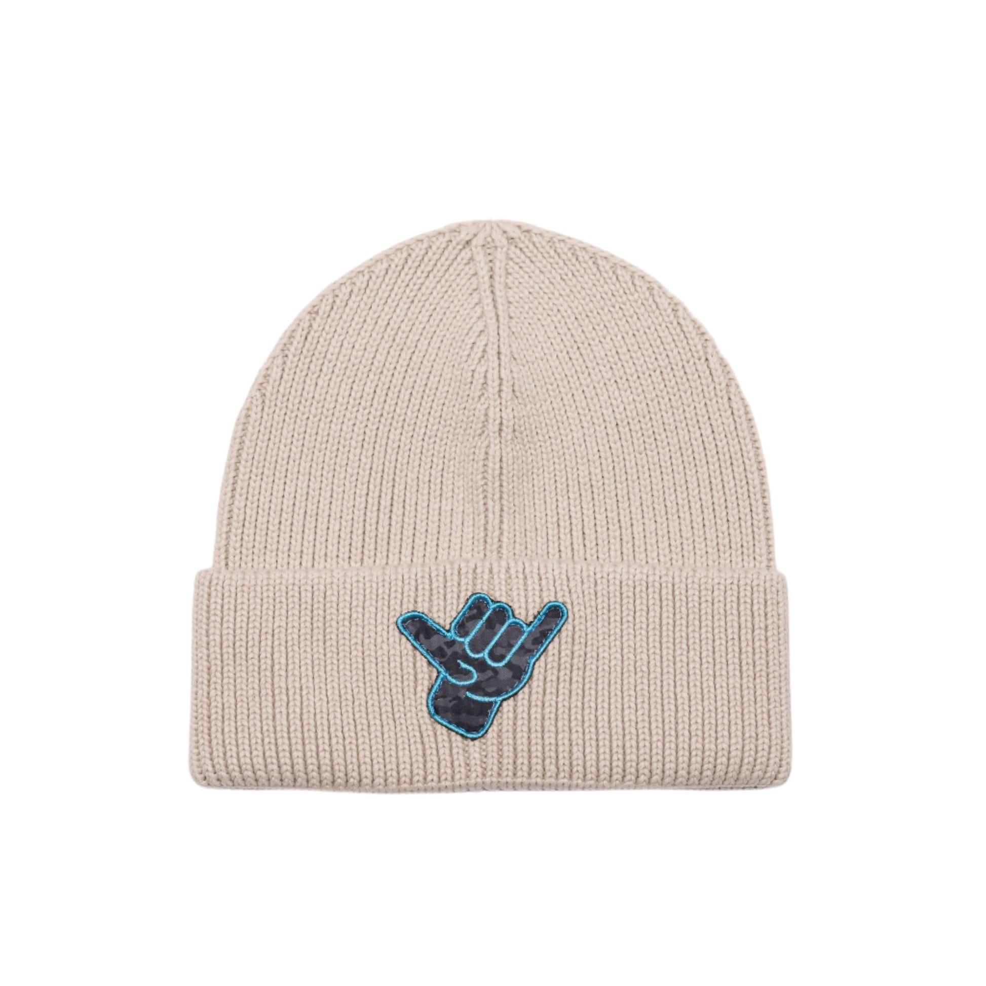 OG Shaka Beanie in beige with a custom Shaka Kai logo patch for winter surf vibes.
