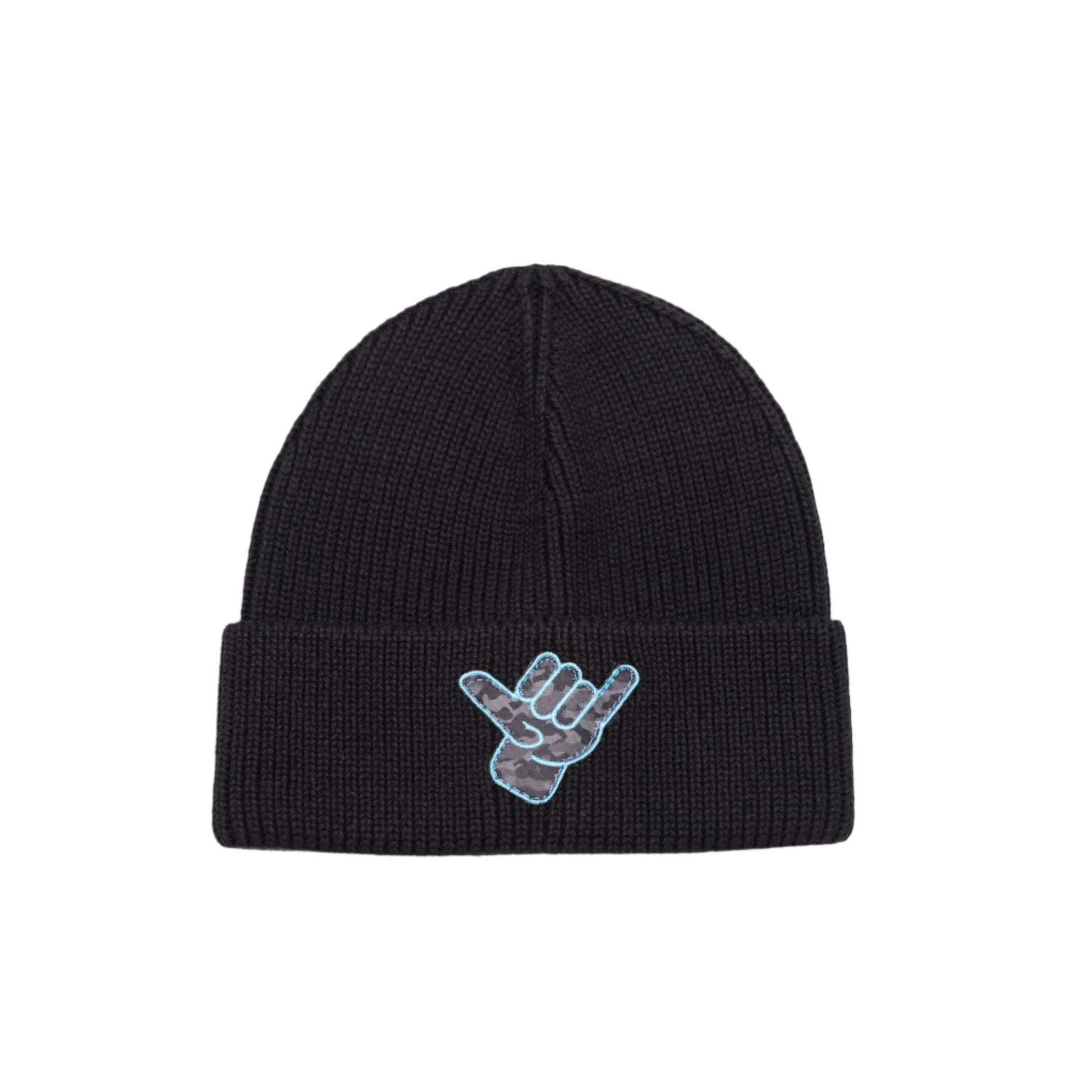 OG Shaka Beanie in black with custom Shaka Kai logo patch, perfect for warmth and winter surf vibes.