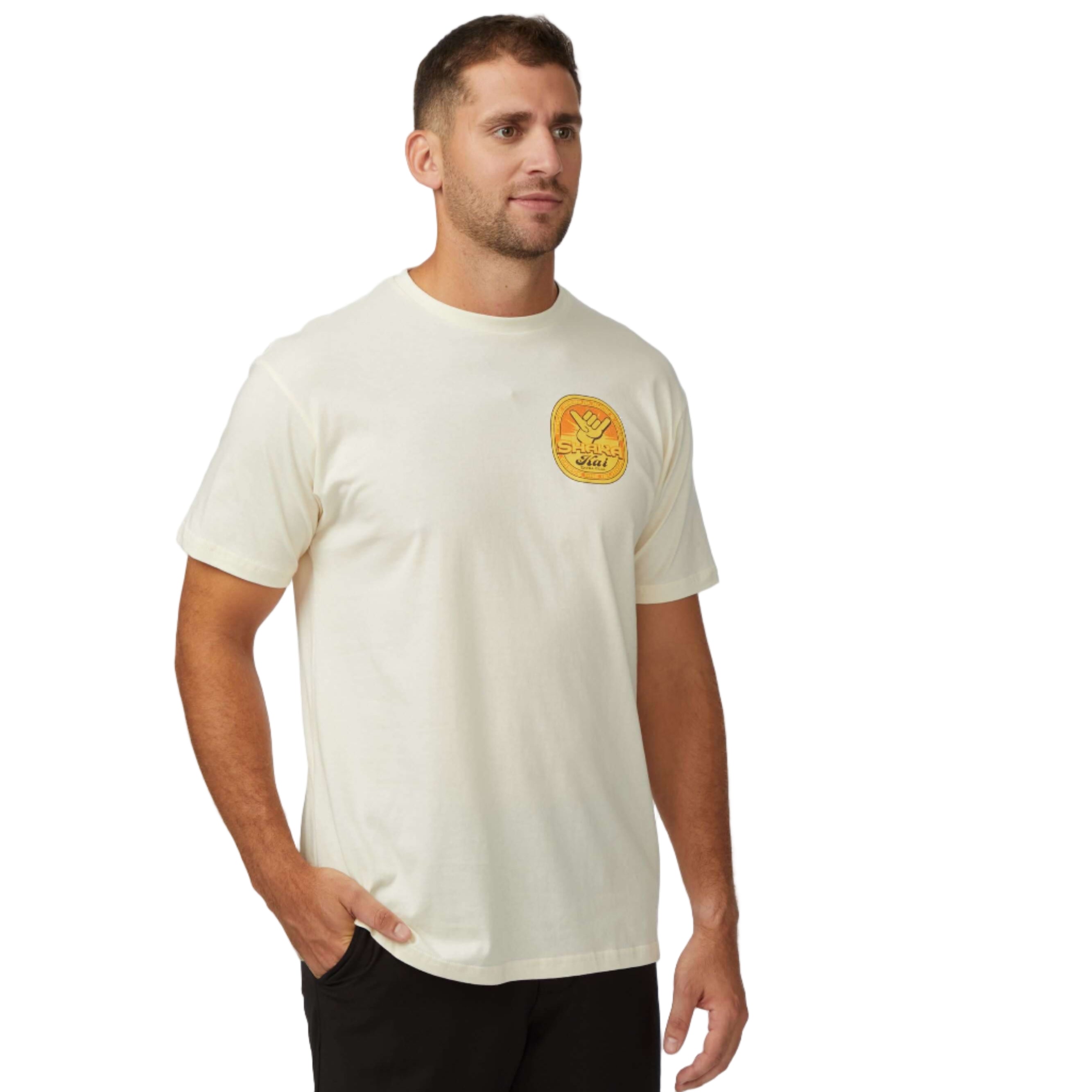Tapped Out T-Shirt worn by man, featuring a colorful graphic on a light backdrop, perfect for casual adventures.