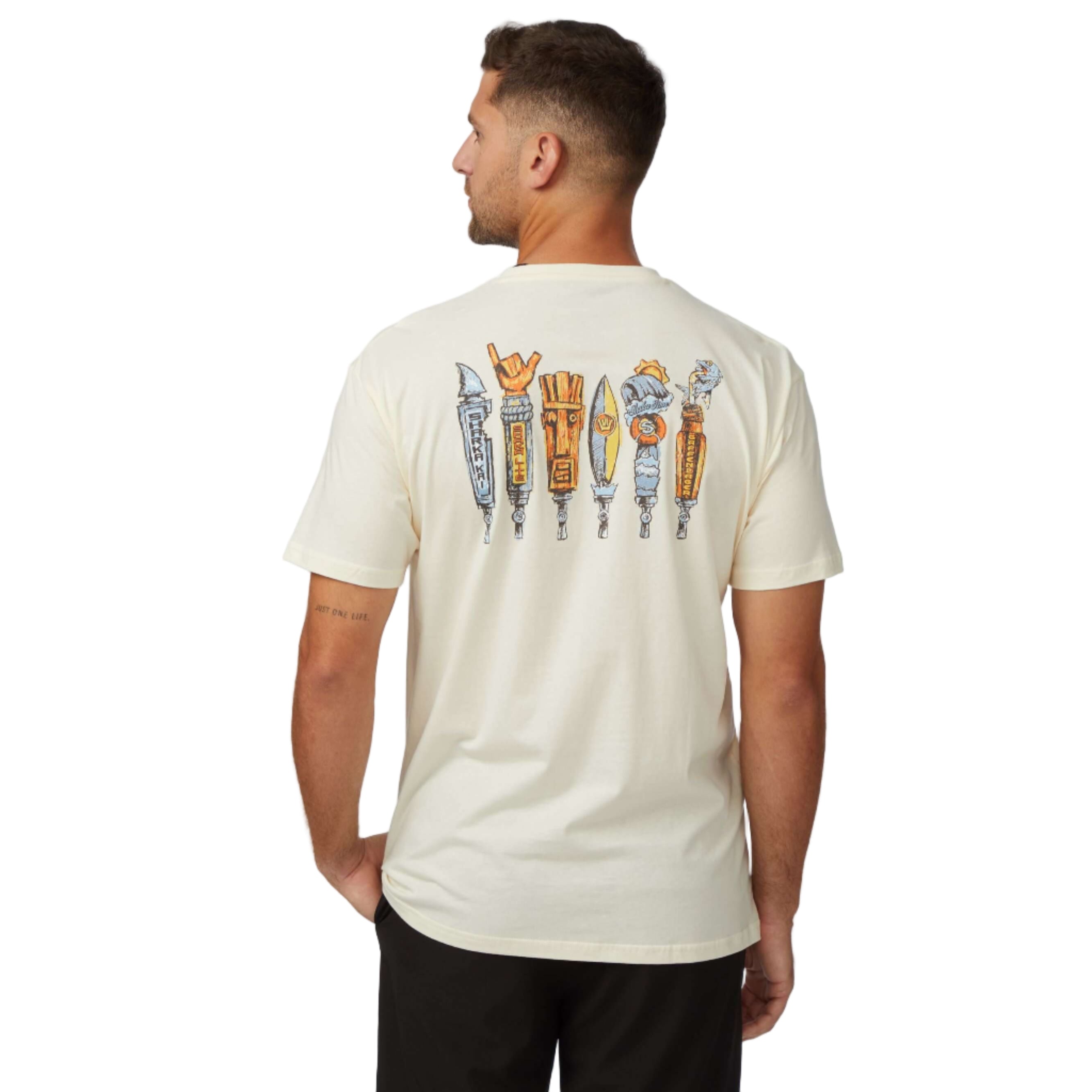 Man wearing Tapped Out T-Shirt displaying unique and colorful tool design on the back.