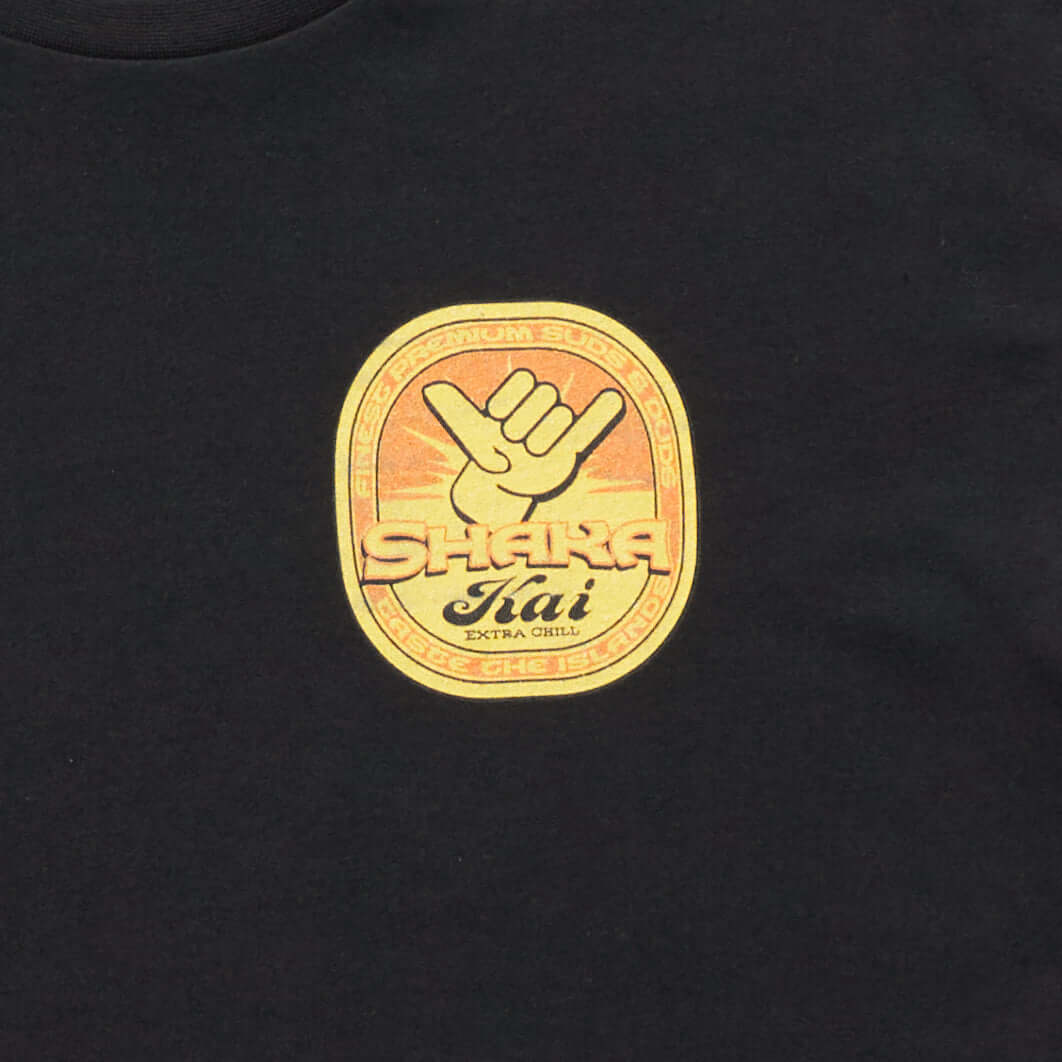Tapped Out T-Shirt featuring a vibrant graphic design with a shaka hand gesture on a black background.