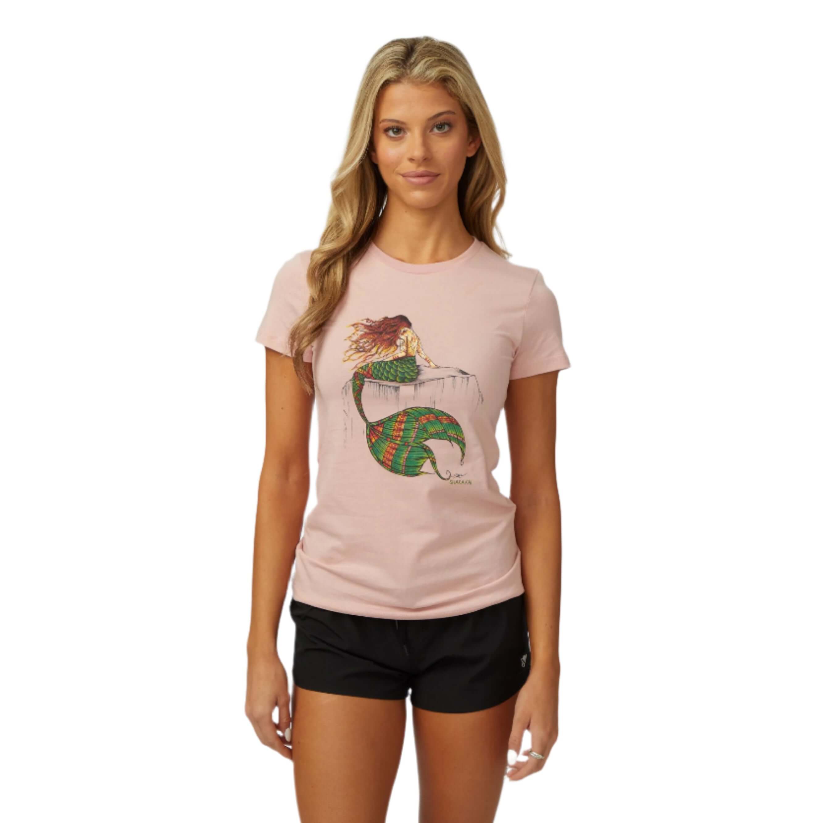 DaveL Nixi T-Shirt featuring original mermaid art on a soft pink cotton blend tee.