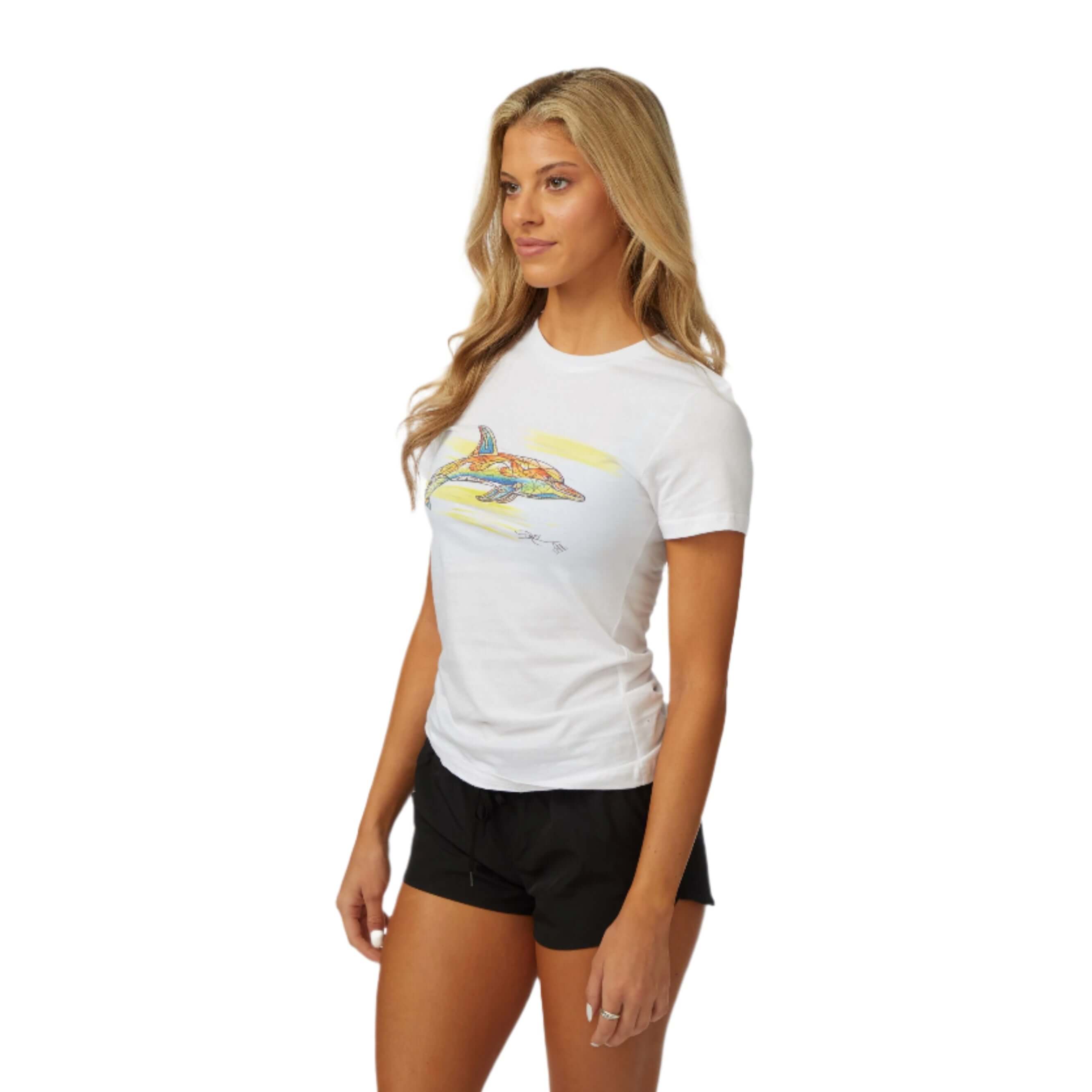 Woman modeling the DaveL Lumba Lumba T-Shirt featuring vibrant marine art and a relaxed fit.