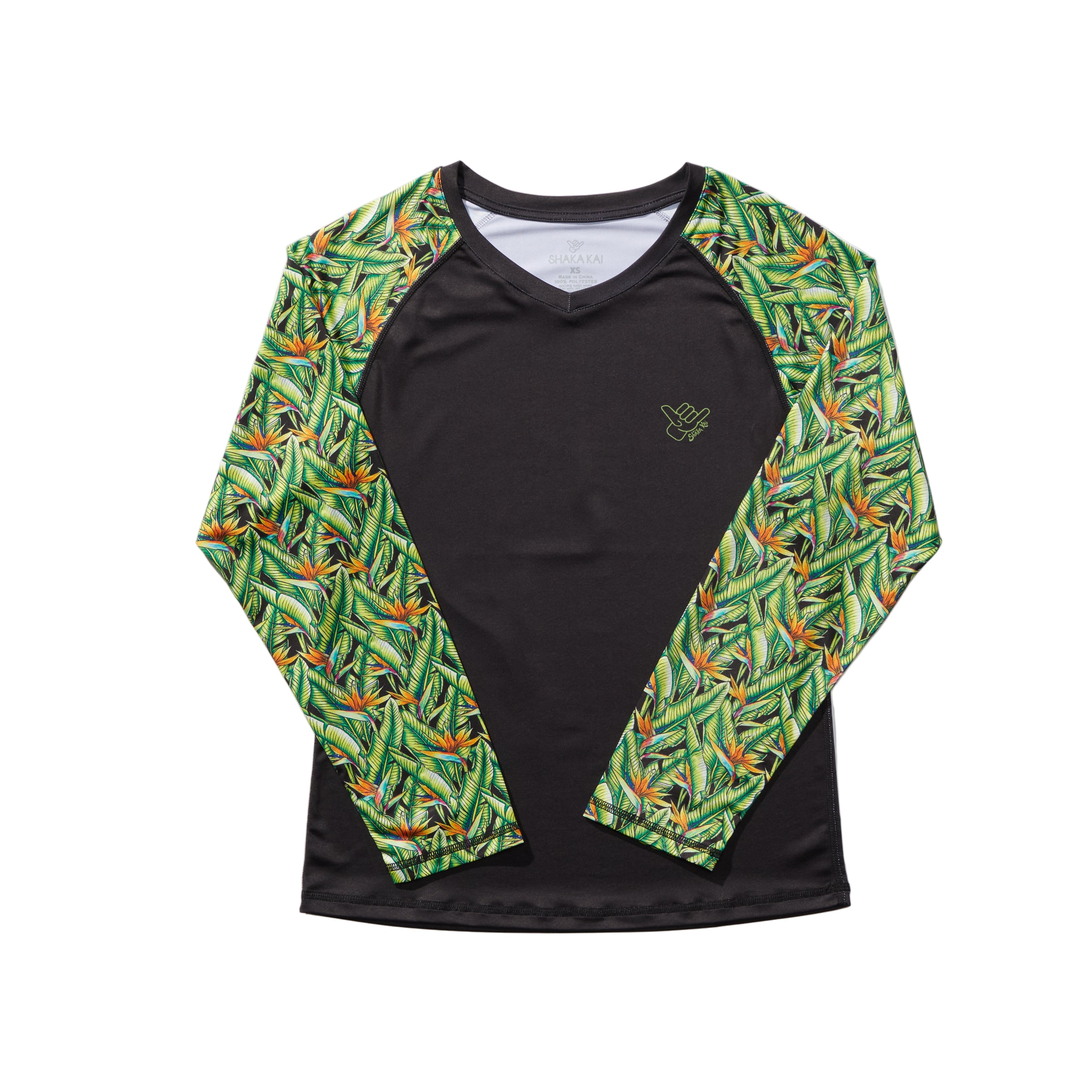 DaveL Manu LS Performance Shirt UPF 50 featuring a vibrant green leaf print and black body for outdoor protection.