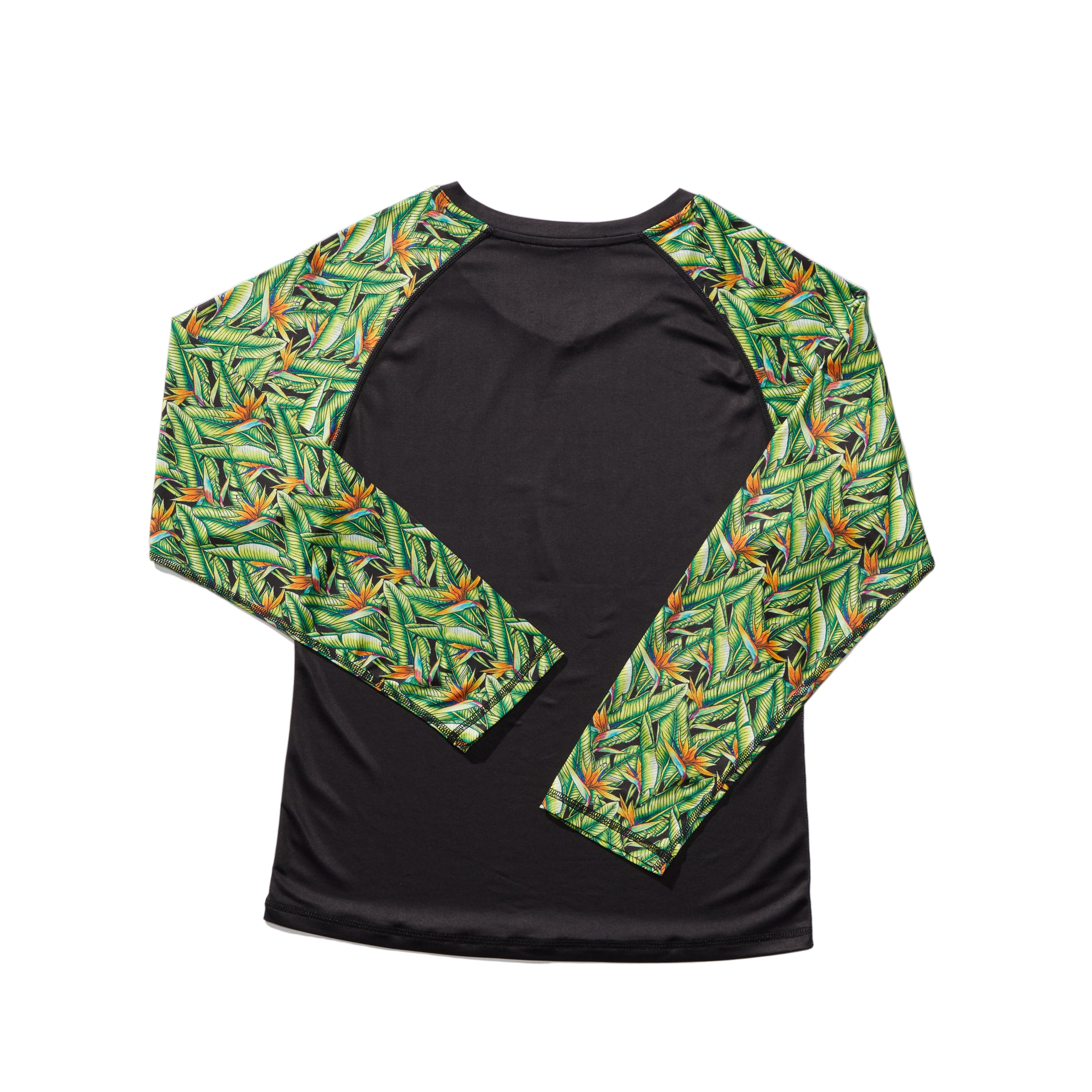 Back view of the DaveL Manu LS Performance Shirt UPF 50 with vibrant leaves design on sleeves.