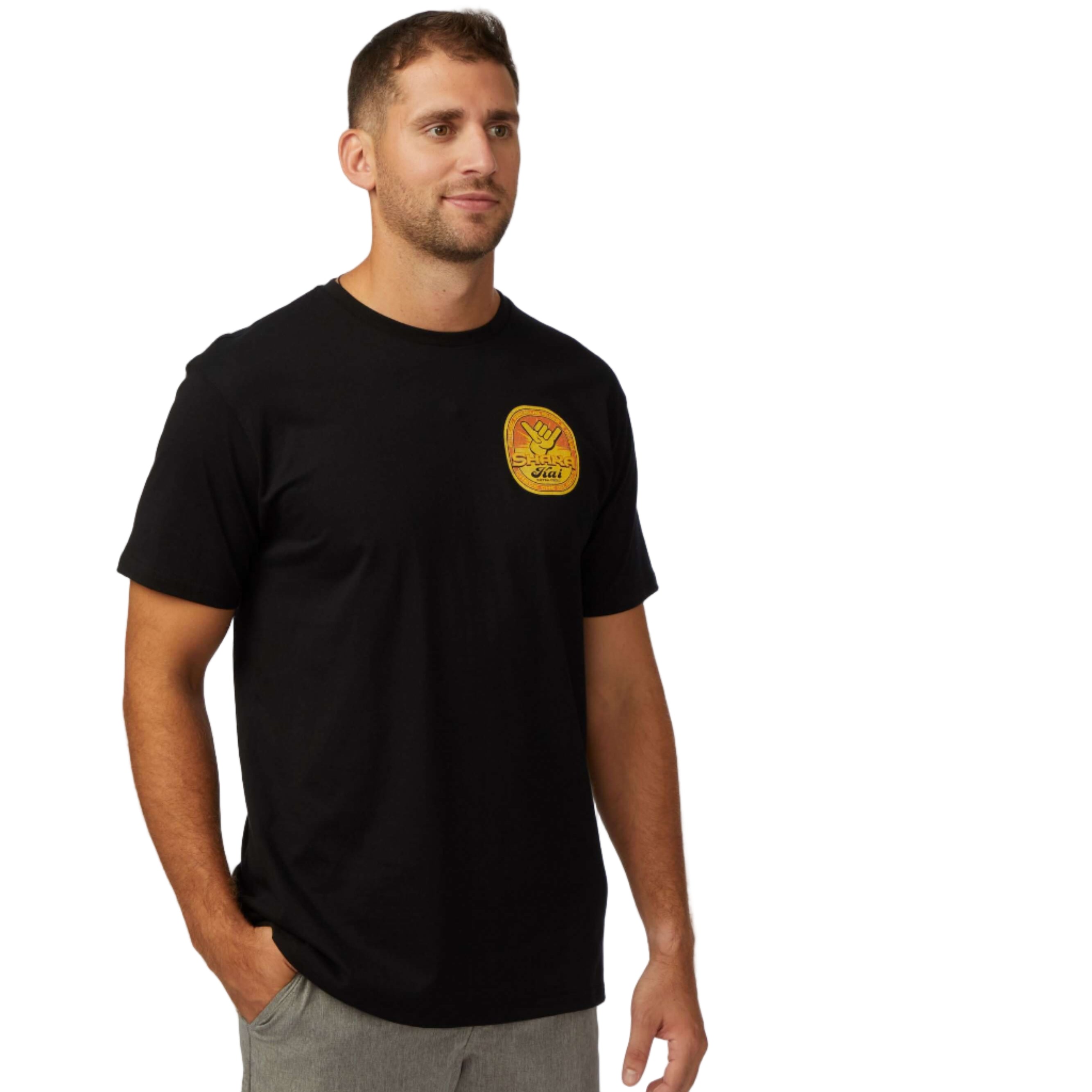 Man wearing a black Tapped Out T-Shirt featuring a colorful logo, perfect for any adventure or casual outing.