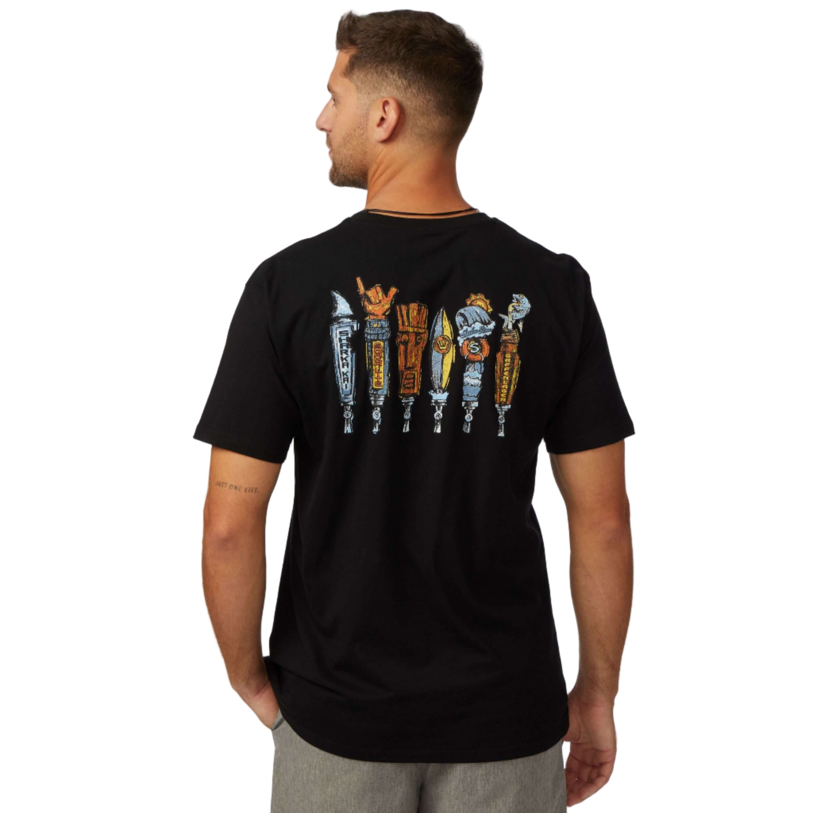 Man wearing Tapped Out T-Shirt, showcasing a unique design on the back, perfect for any casual adventure.