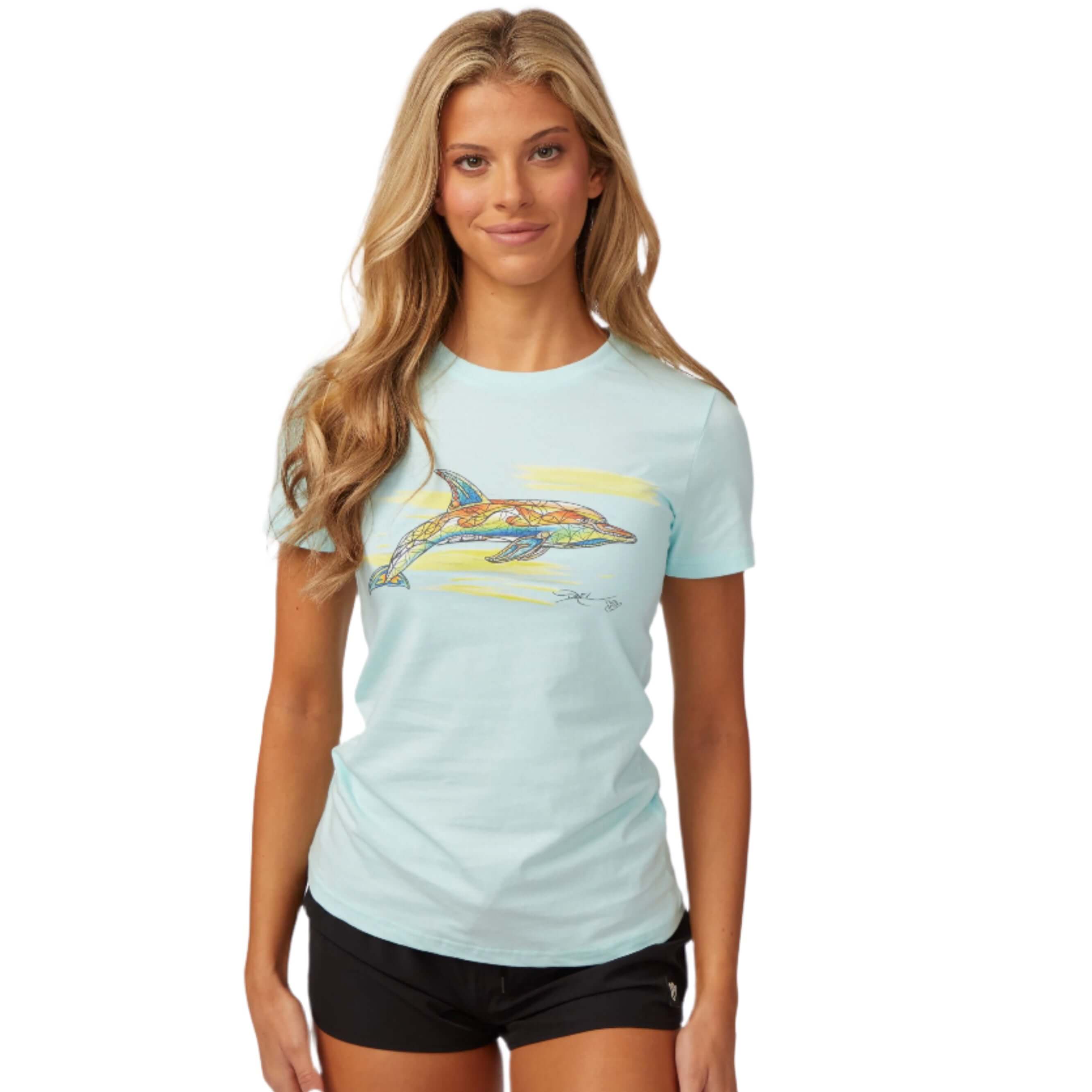 DaveL Lumba Lumba T-Shirt with vibrant marine art on a light blue background worn by a model.