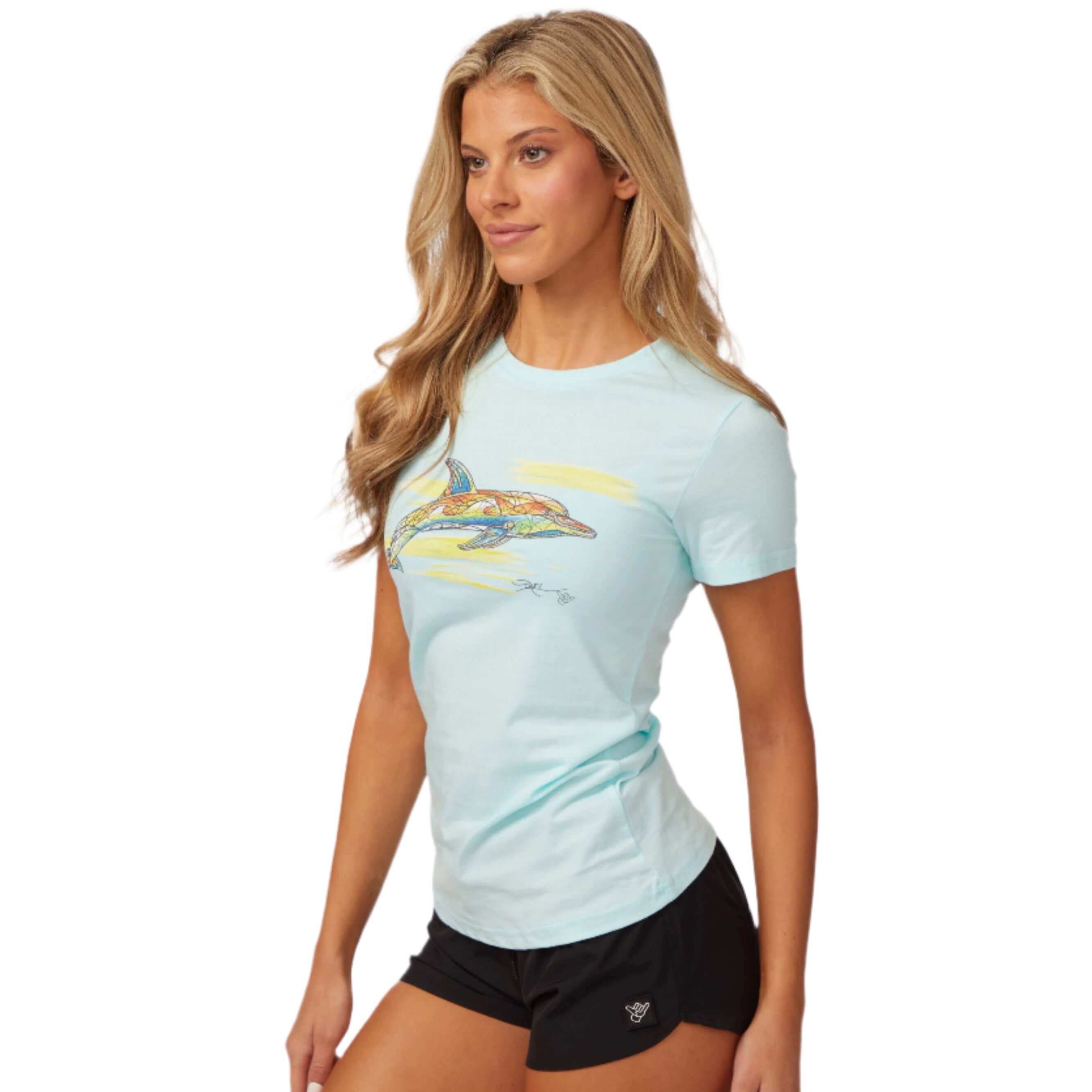 Model wearing the DaveL Lumba Lumba T-Shirt with marine art, showcasing a relaxed fit and vibrant ocean inspiration.