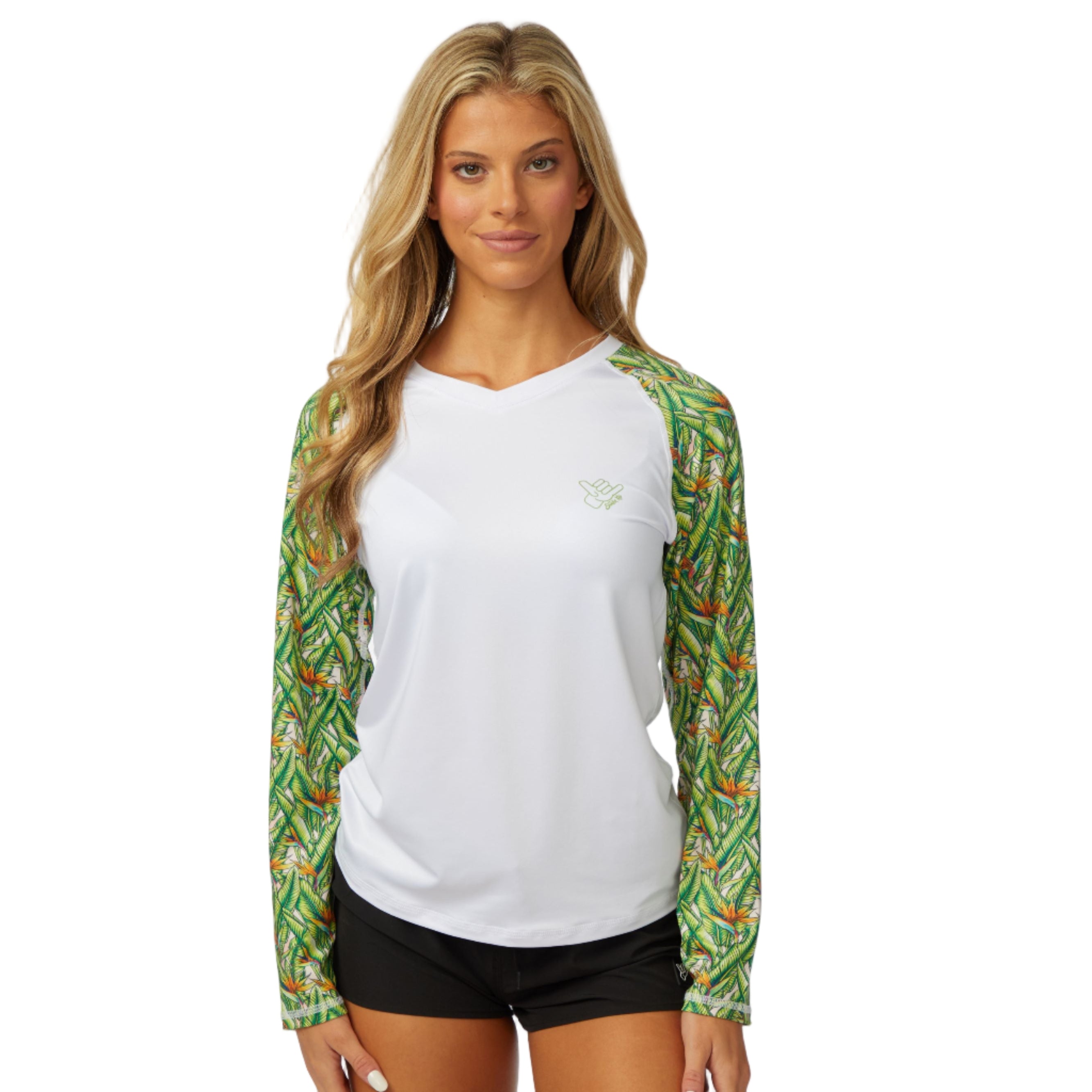 DaveL Manu LS Performance Shirt UPF 50 showcased on model with vibrant green sleeves and breathable white body.