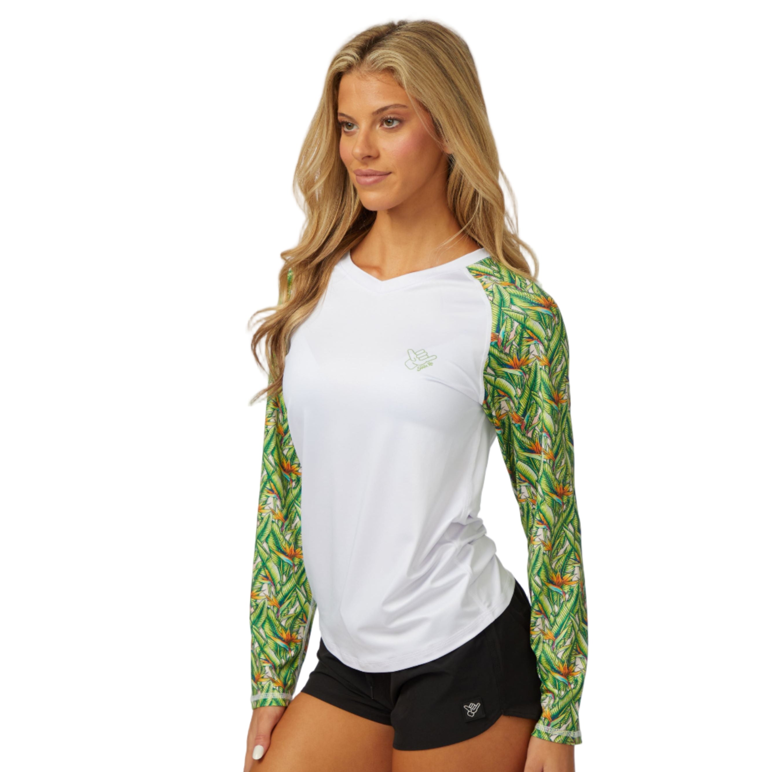 DaveL Manu LS Performance Shirt UPF 50 featuring a stylish all-over green pattern and breathable design for outdoor comfort.