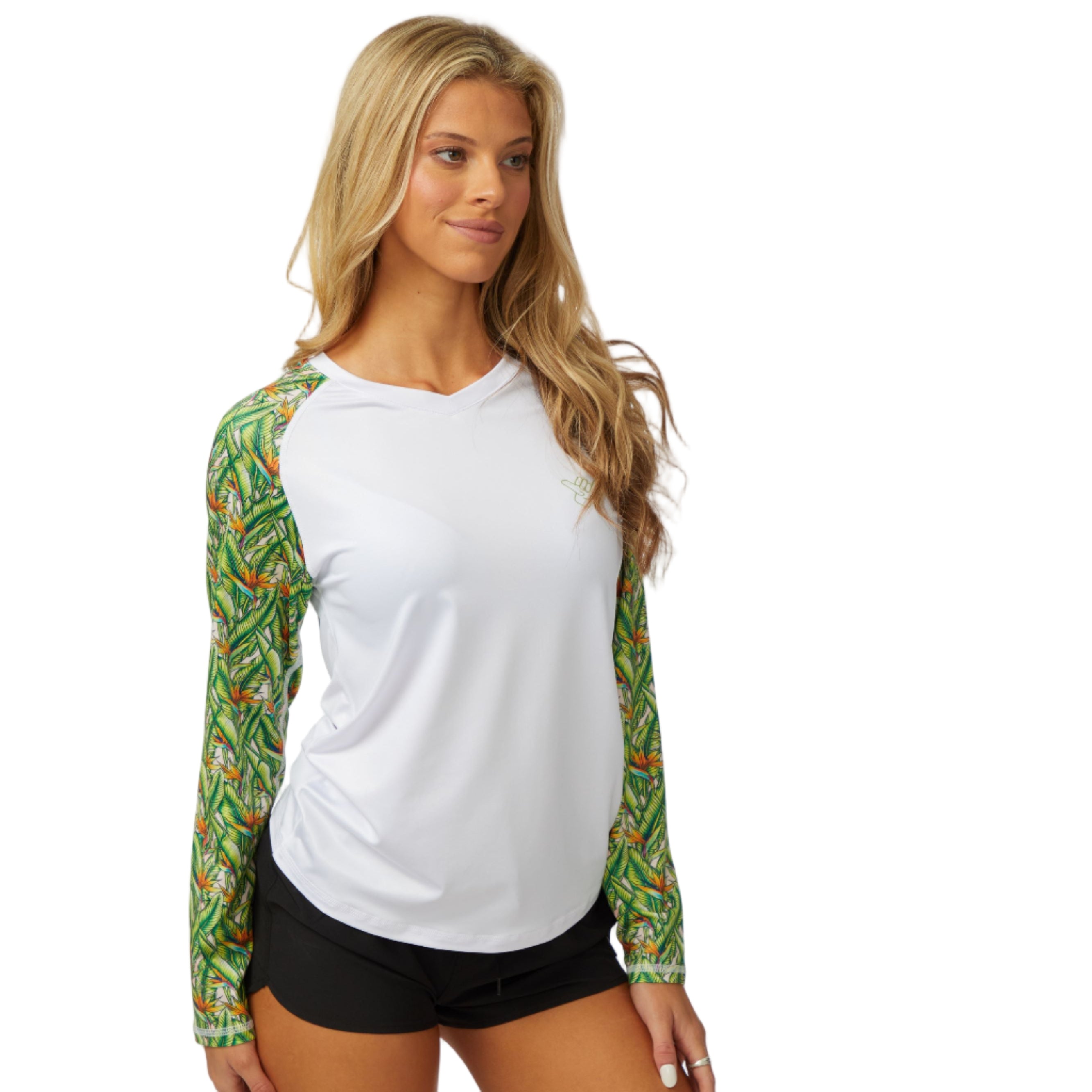 DaveL Manu LS Performance Shirt UPF 50 model wearing moisture-wicking shirt with vibrant green sleeves.