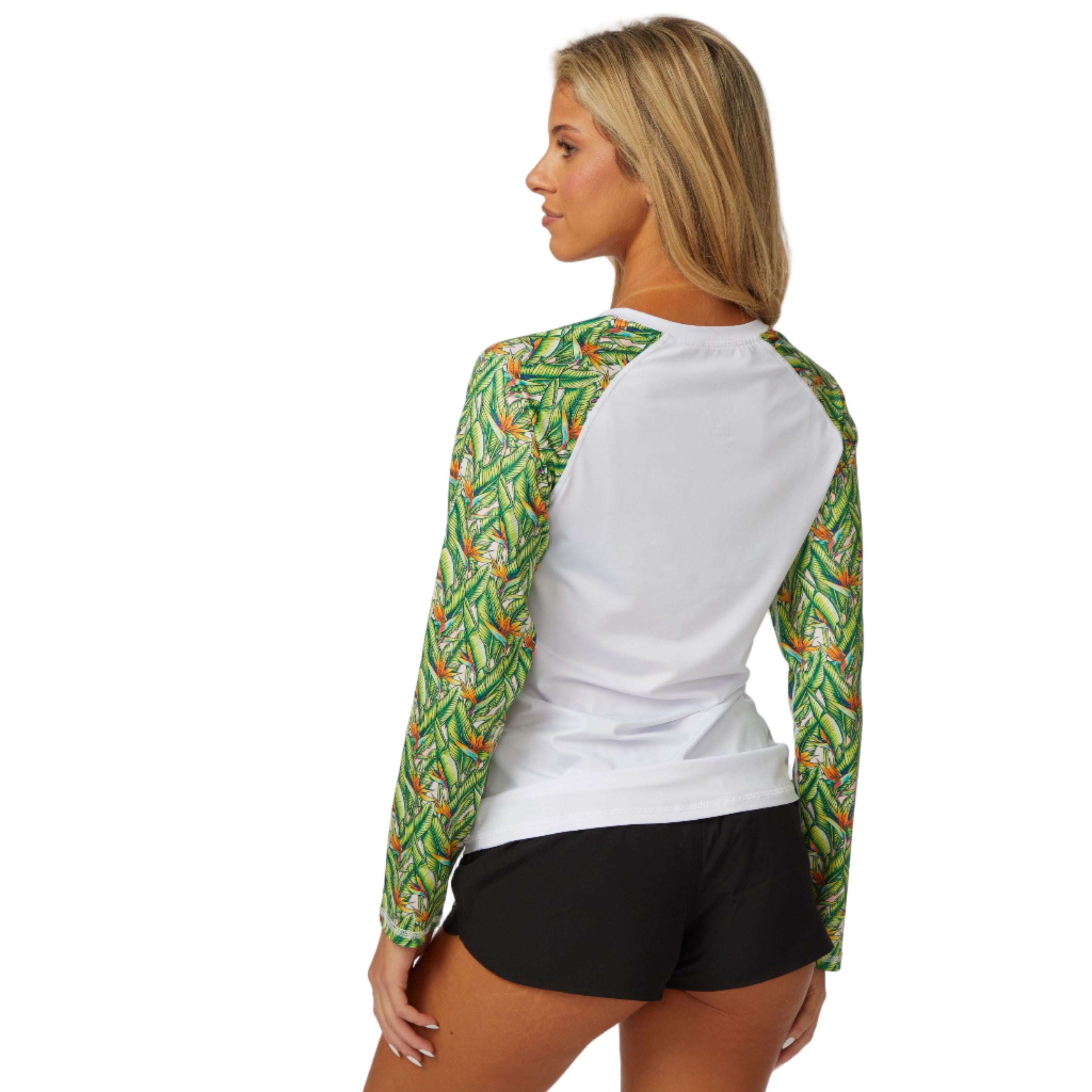 DaveL Manu LS Performance Shirt UPF 50 in green patterned design, showcasing its back view and comfortable fit.