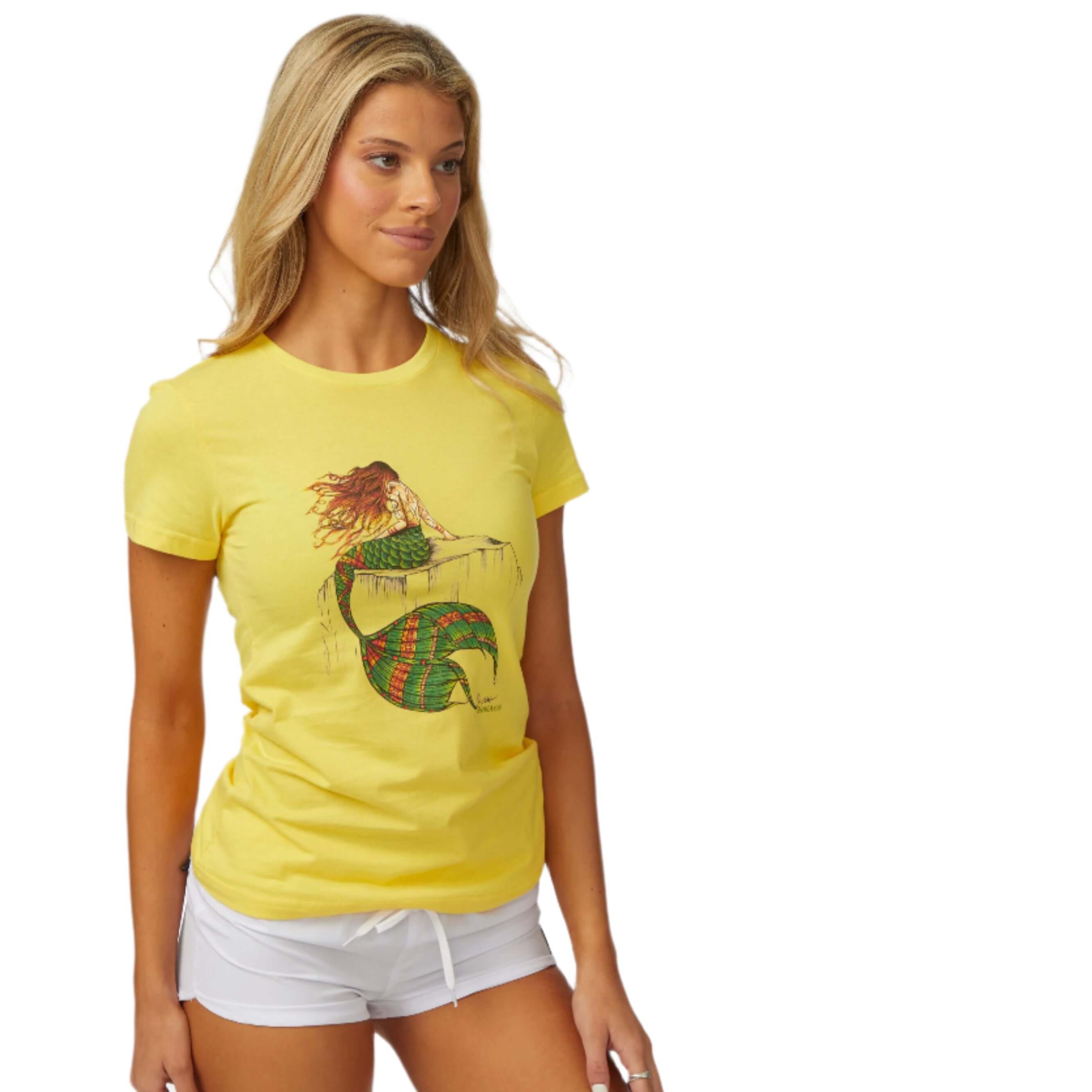 DaveL Nixi T-Shirt featuring vibrant mermaid art on a yellow fabric, perfect for summer adventures.