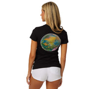 Back view of a woman wearing the DaveL Nirvana T-Shirt featuring vibrant nature-inspired artwork.
