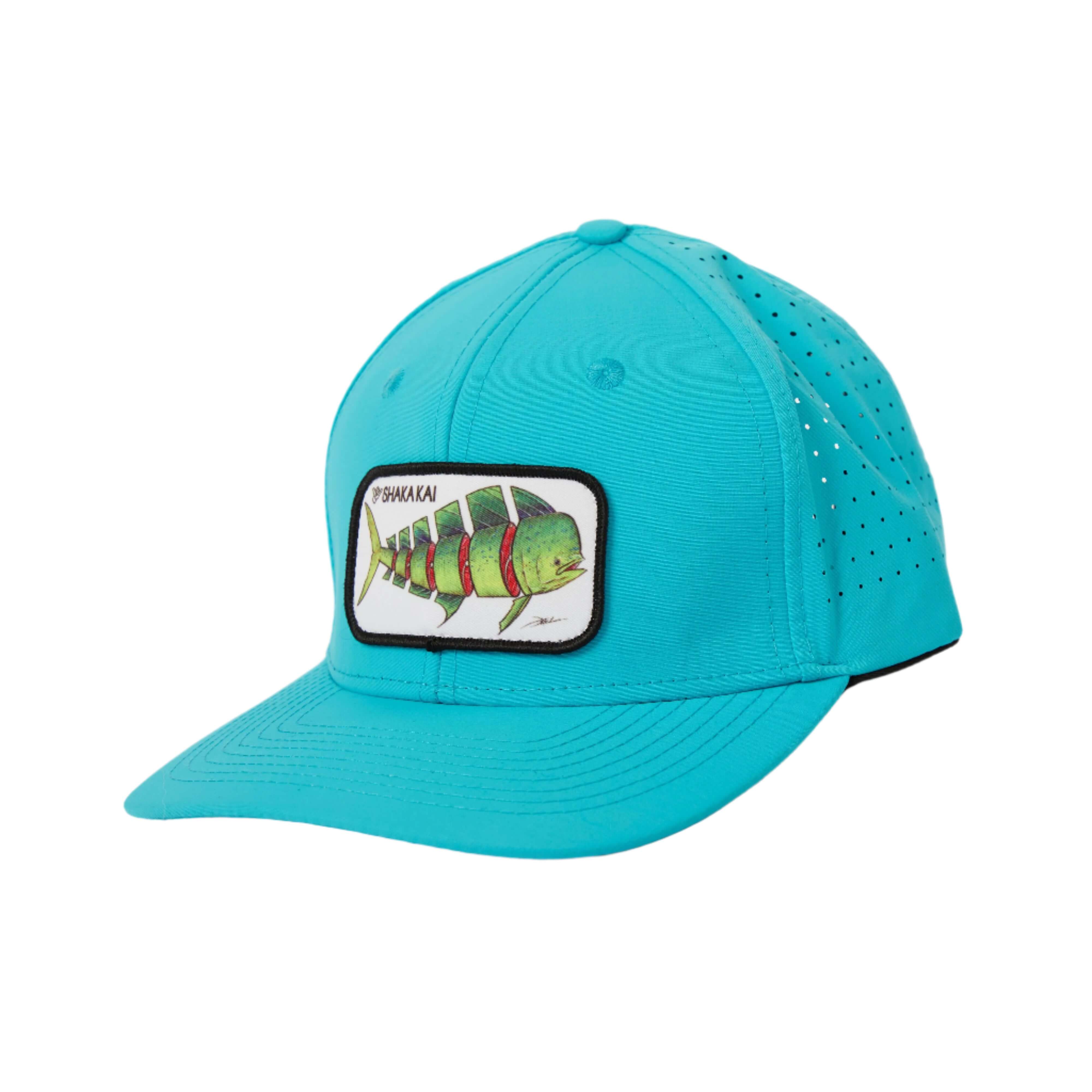 DaveL Shaka-Shimi Mahi Ultra Fit hat in turquoise with breathable fabric and fish patch detail.