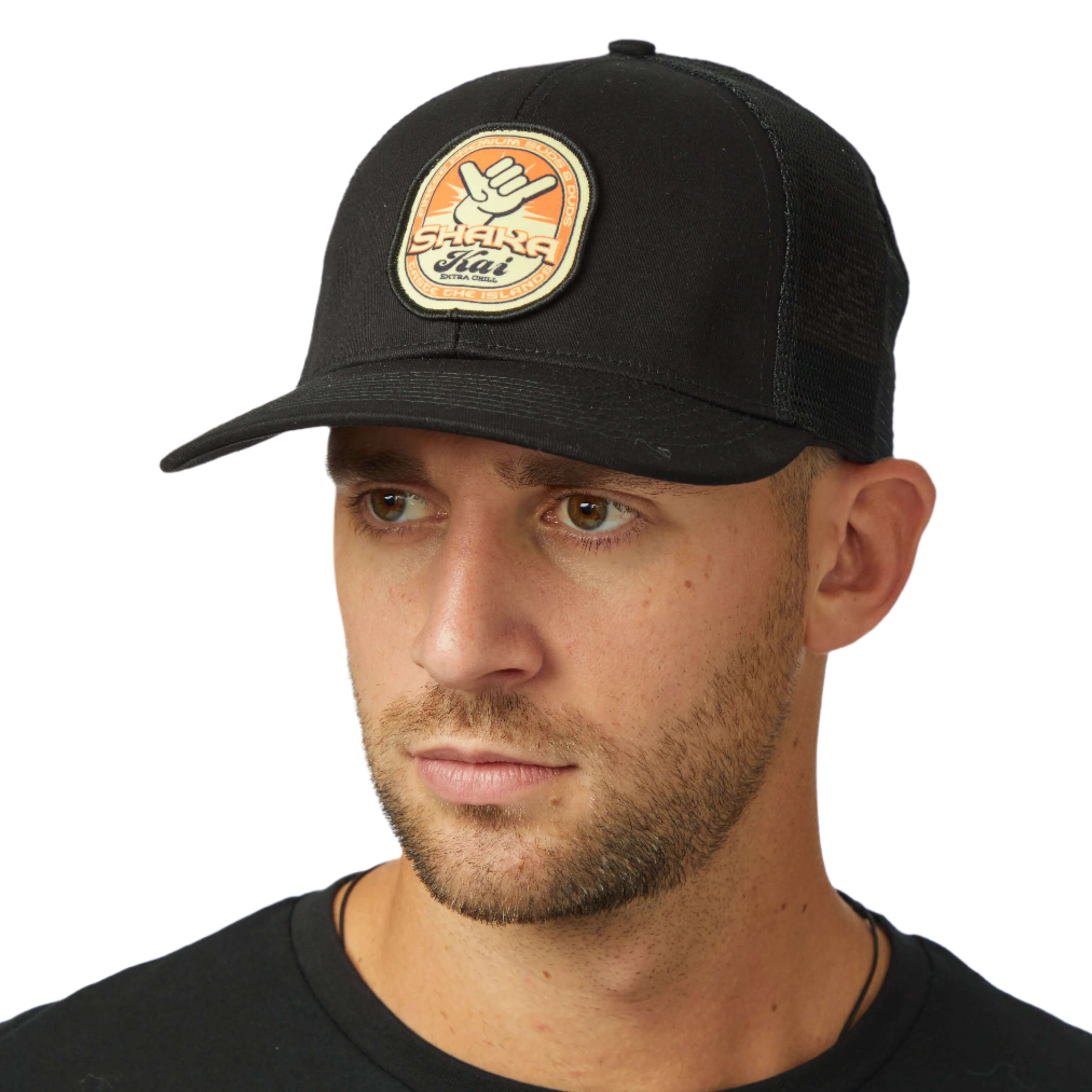 Suds & Duds Trucker Hat on a model showcasing classic surf style and comfort for beach days.
