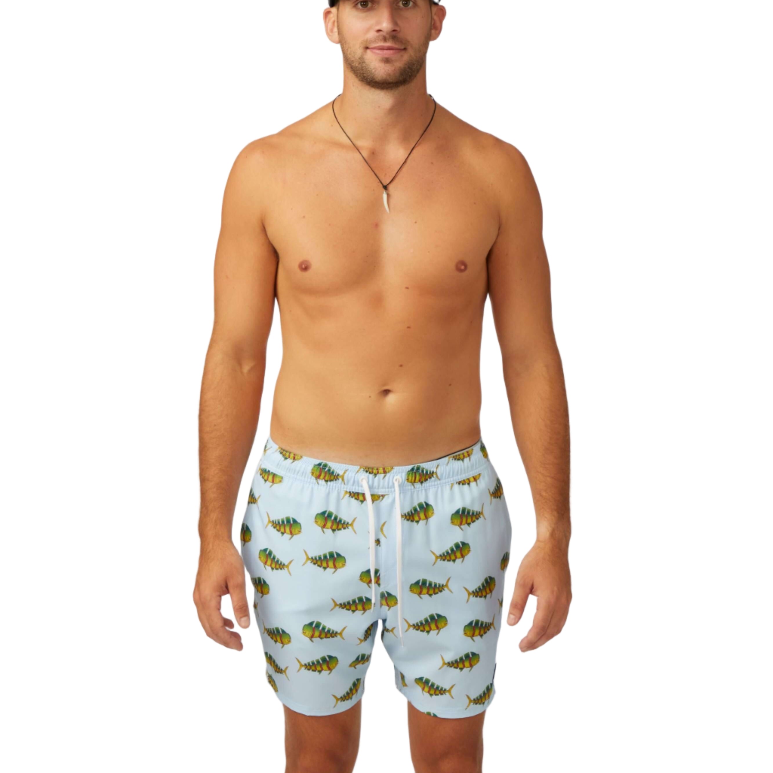Model showcasing DaveL Shaka-Shimi Mahi Volley Short with vibrant mahi-mahi artwork.