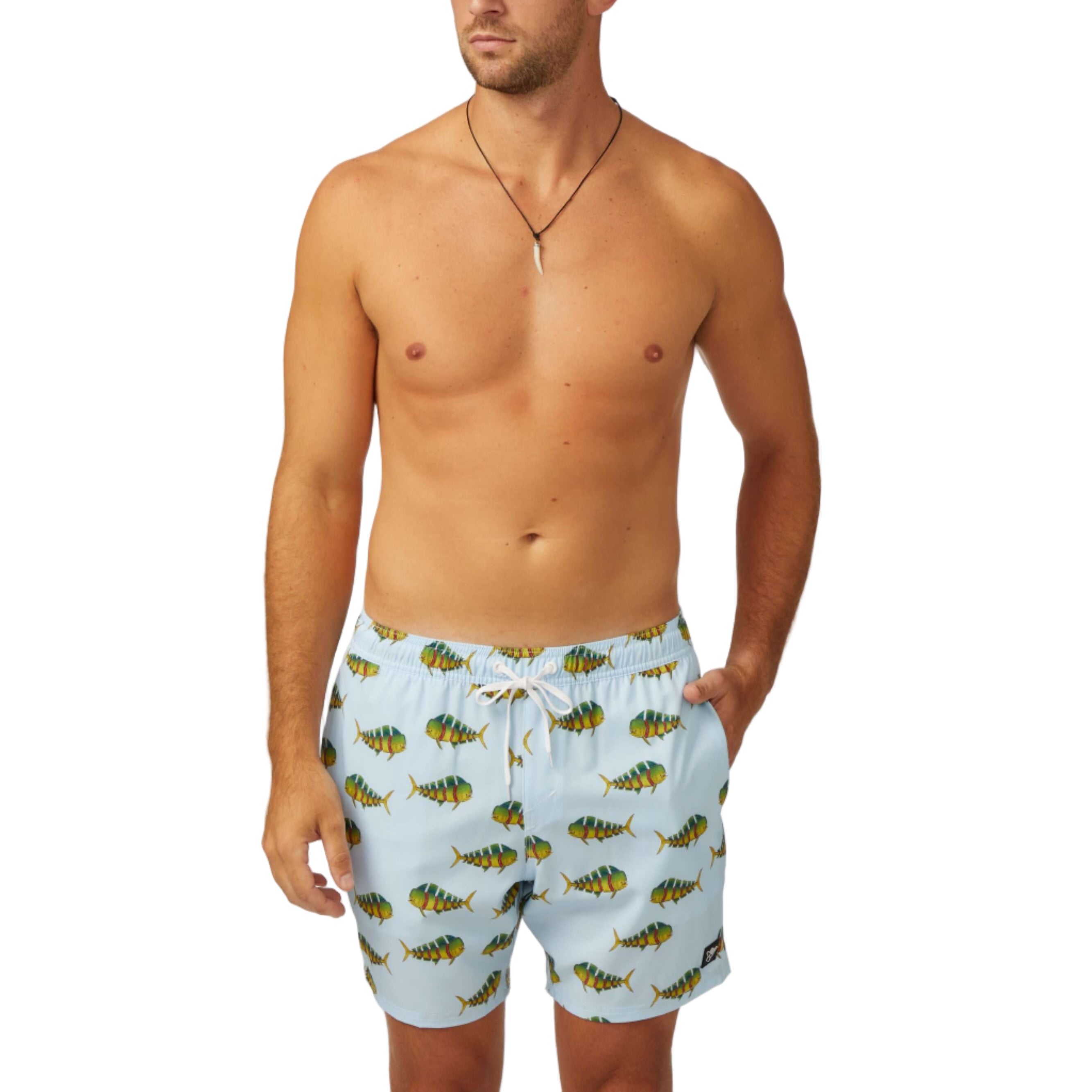 Man wearing DaveL Shaka-Shimi Mahi Volley Short with mahi-mahi print, showcasing artistic design and comfort.