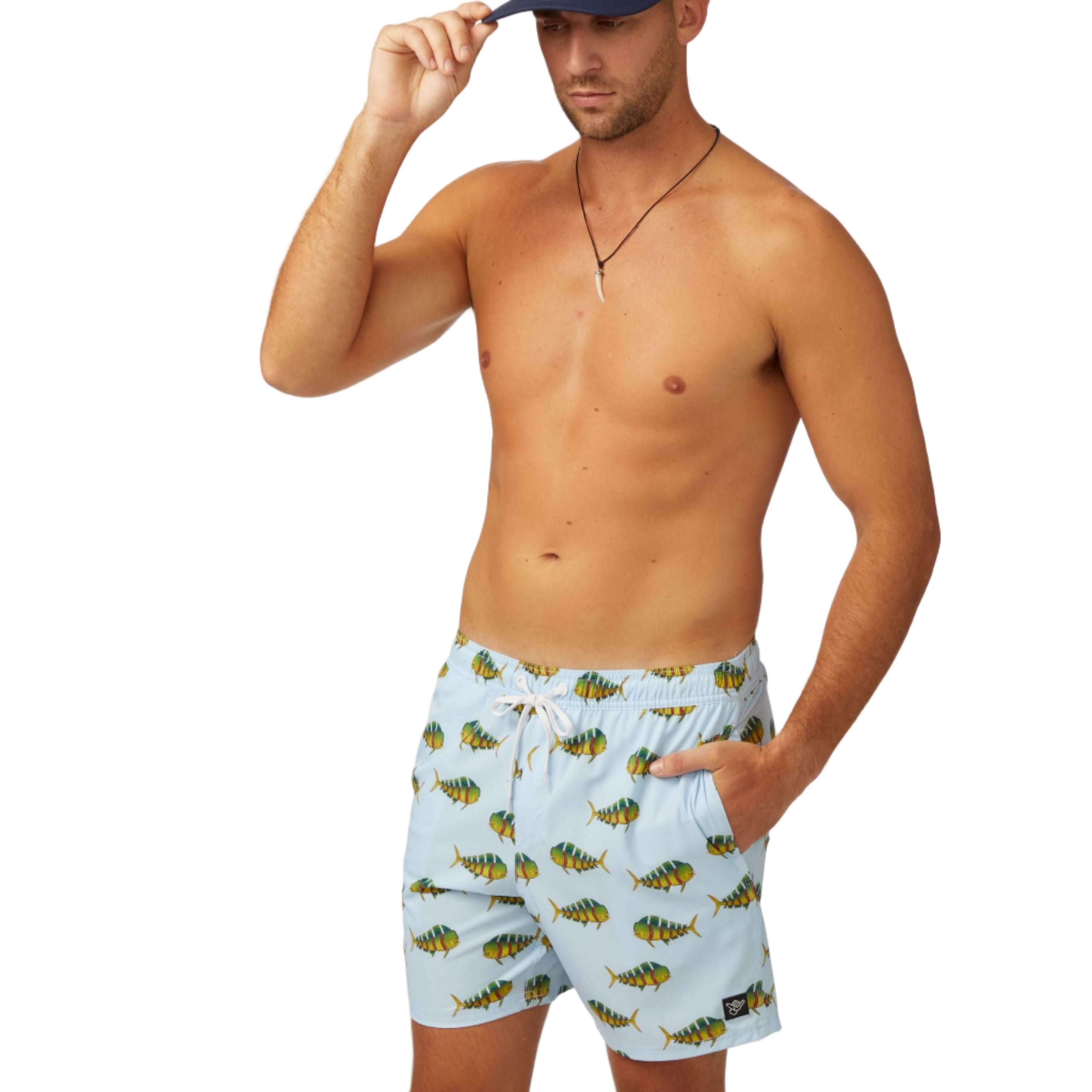 Man wearing the DaveL Shaka-Shimi Mahi Volley Short with colorful mahi-mahi artwork, showcasing style and comfort.