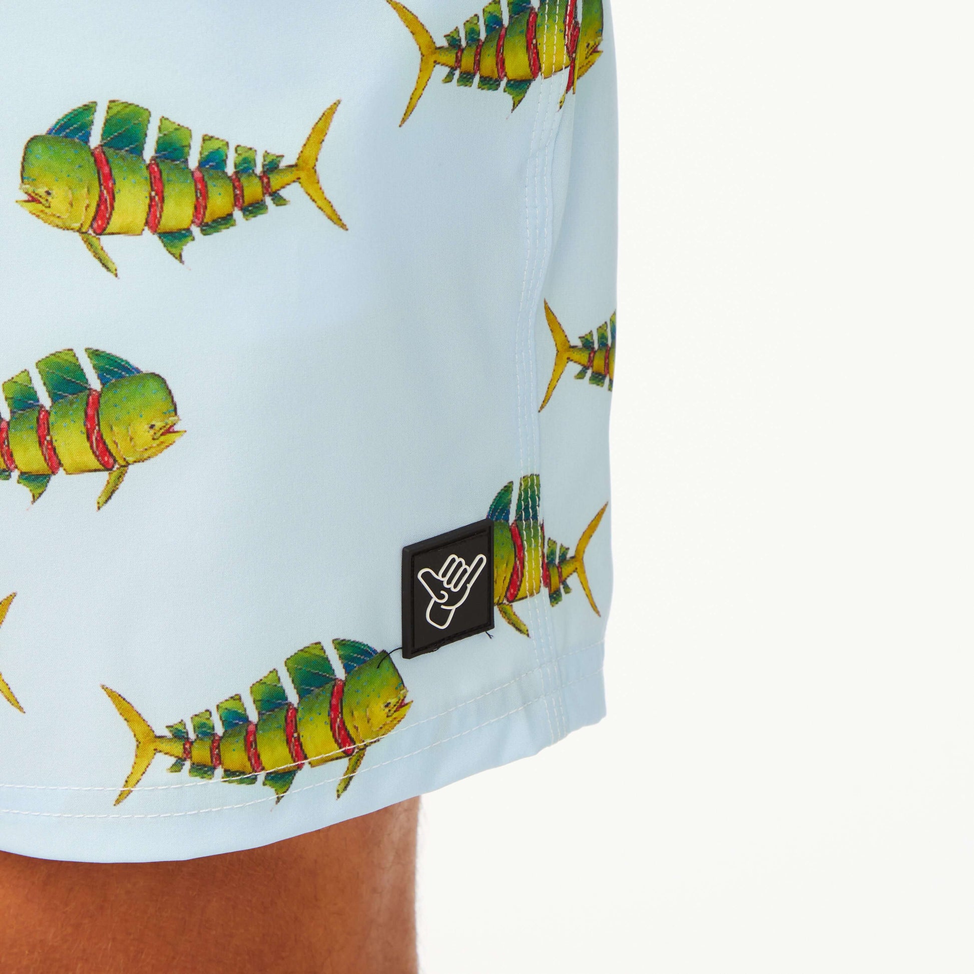 DaveL Shaka-Shimi Mahi Volley Short featuring vibrant mahi-mahi artwork and quick-drying fabric.