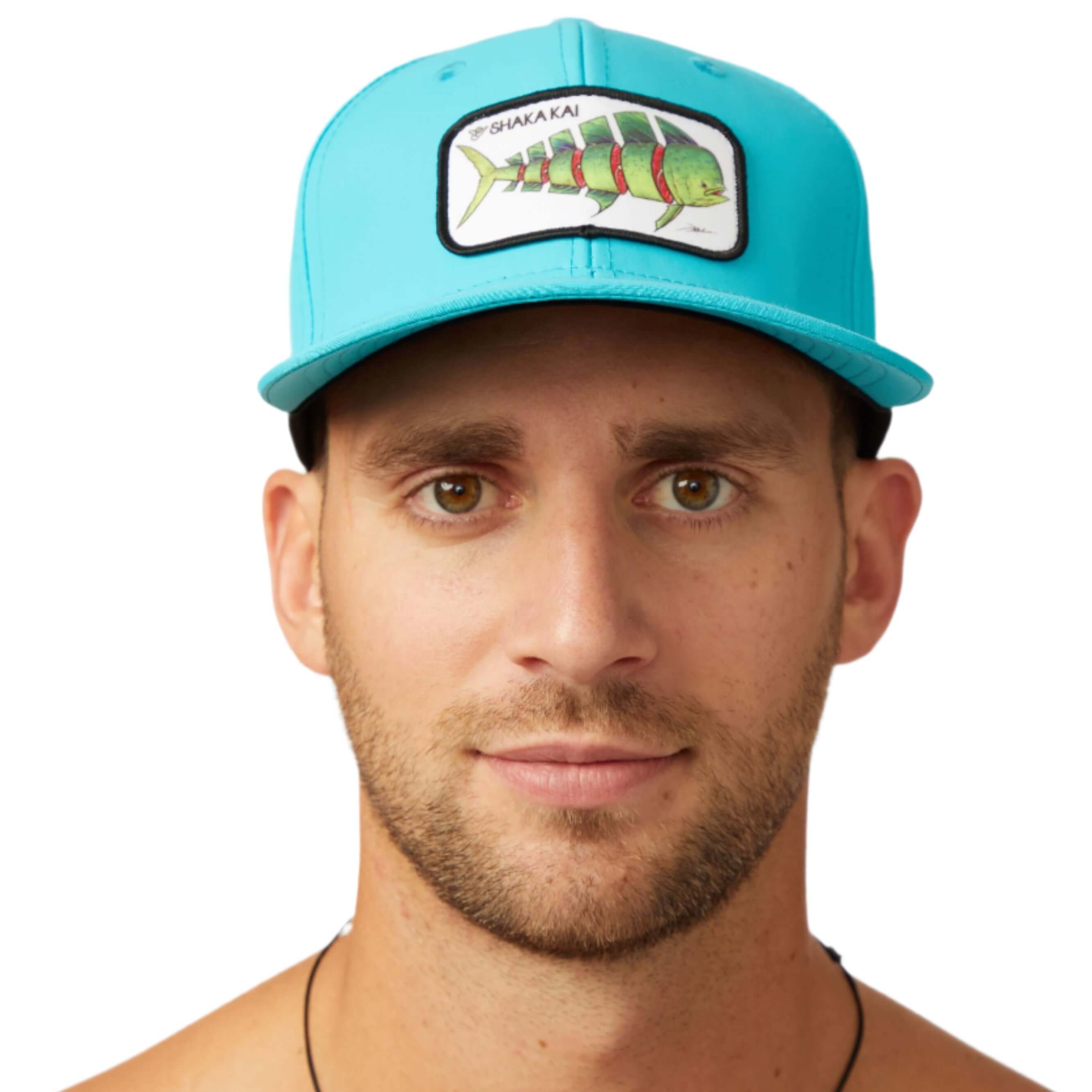 DaveL Shaka-Shimi Mahi Ultra Fit hat in bright blue with fish patch, perfect for adventure and sun protection.