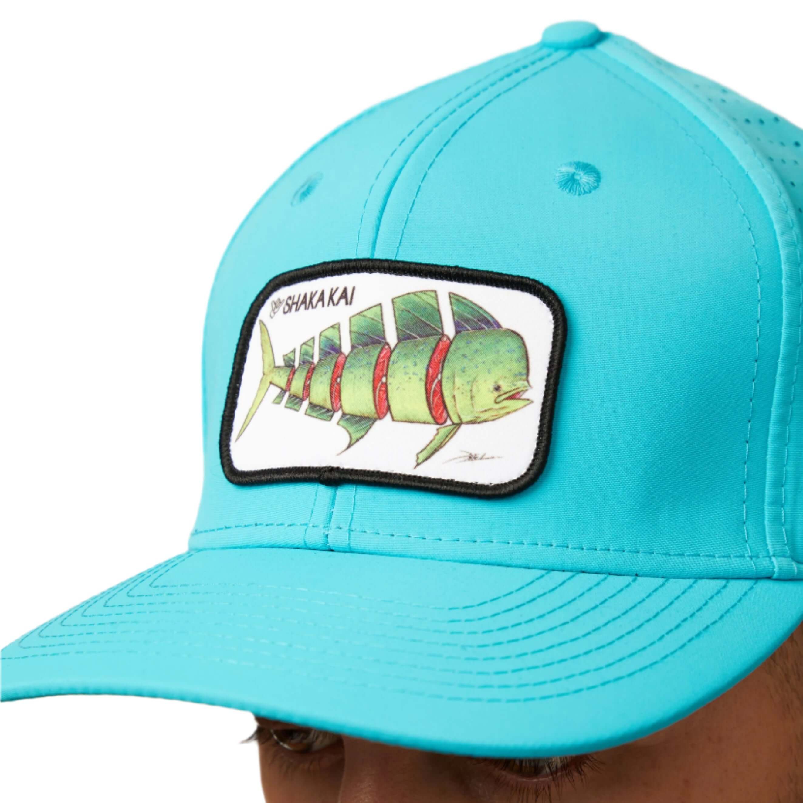 DaveL Shaka-Shimi Mahi Ultra Fit hat with vibrant fish patch design in blue, perfect for adventure and sun protection.